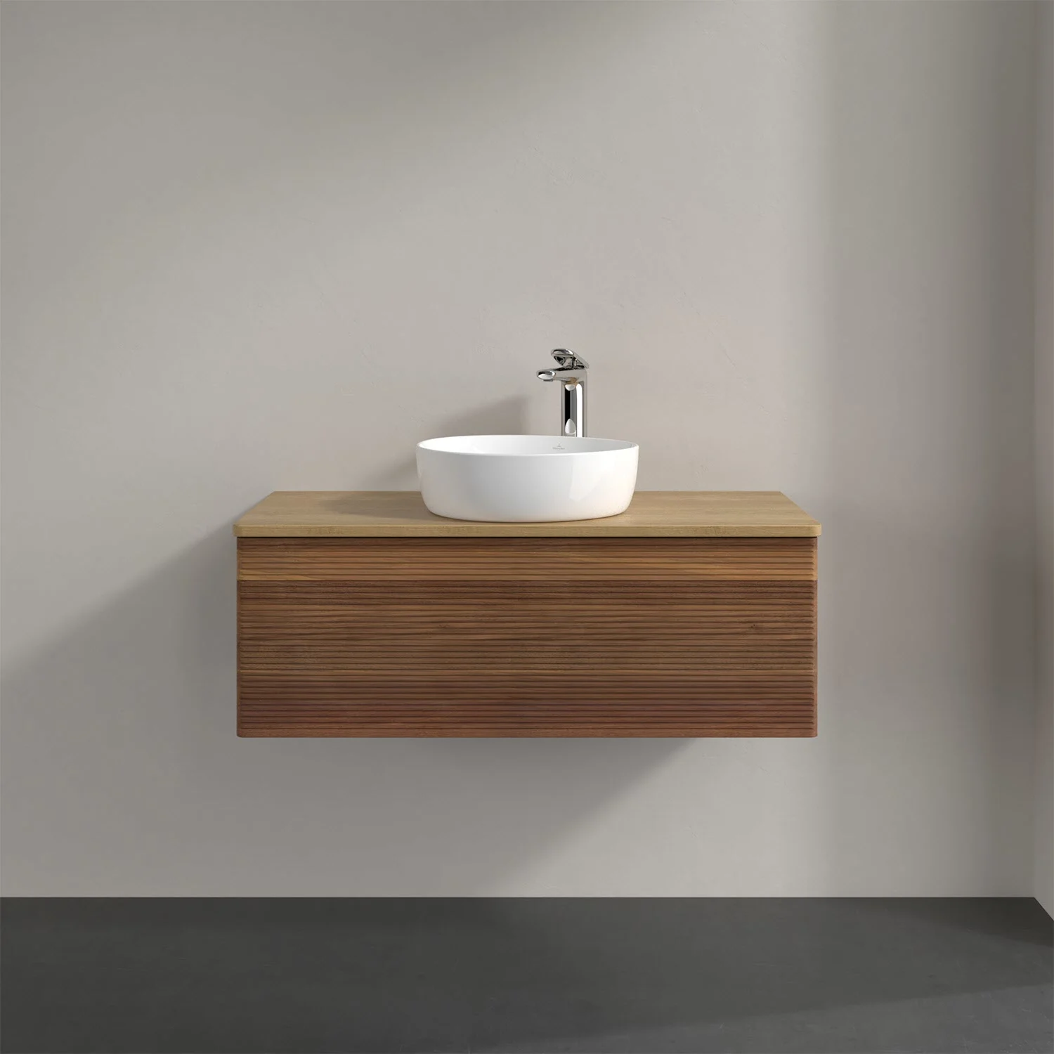 Umywalka z ciemnobrązową szafką zbliżenie, Villeroy & Boch