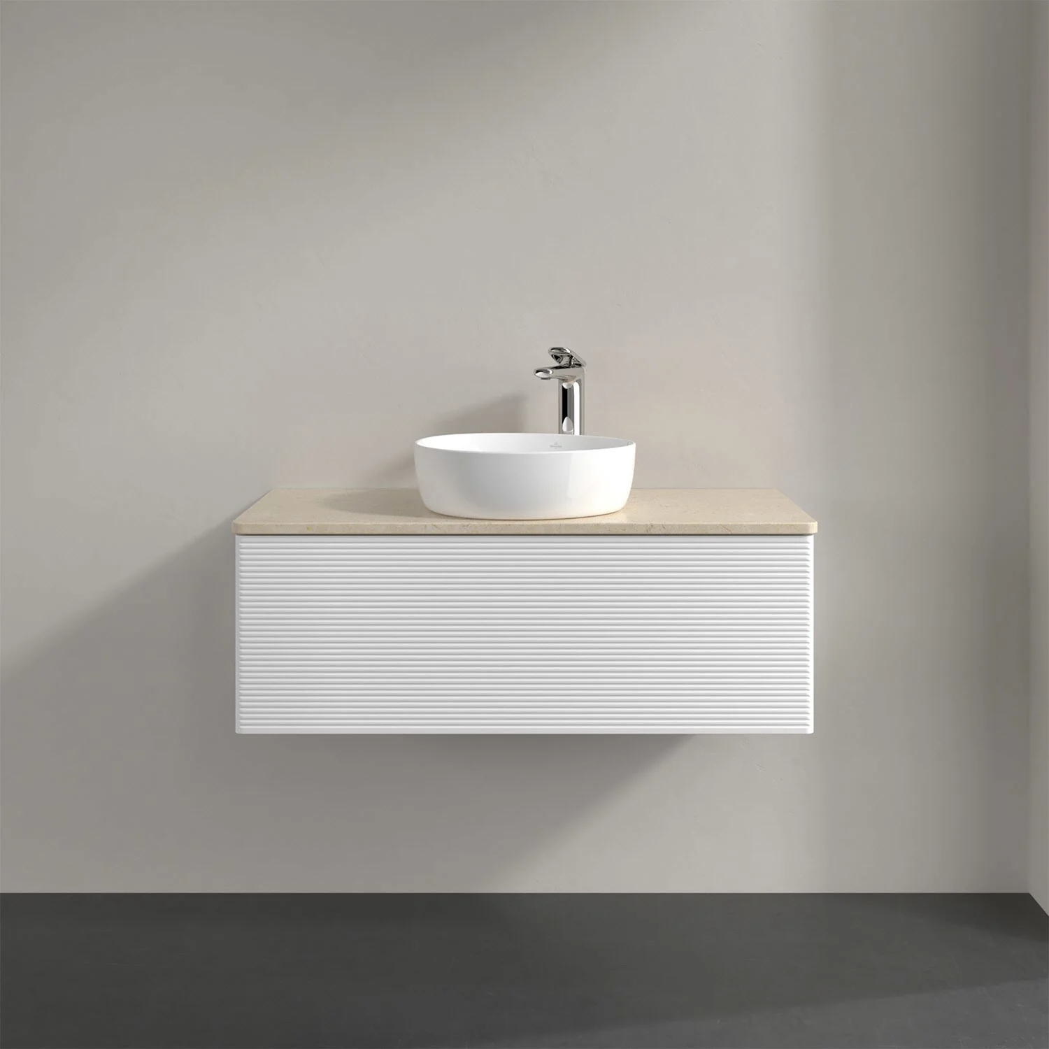 Biała umywalka z szafką w zbliżeniu, Villeroy & Boch