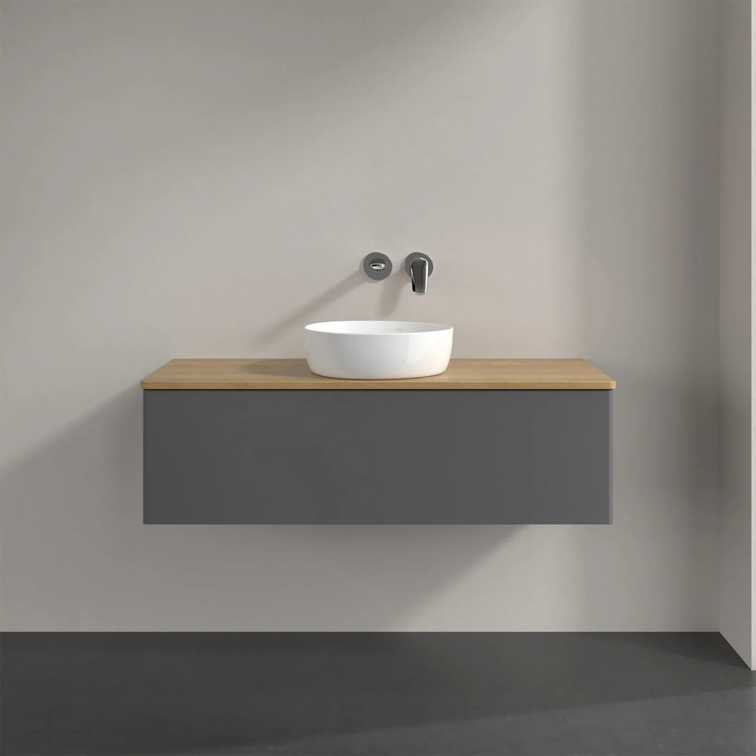 Umywalka z szarą szafką w łazience, Villeroy & Boch