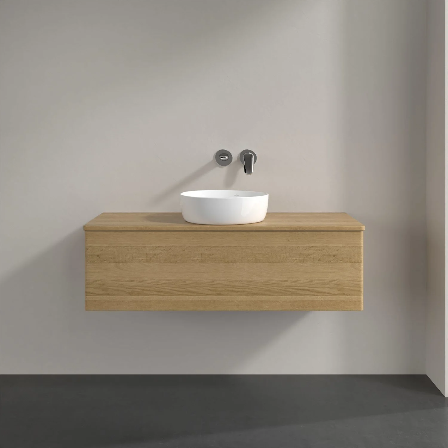 Umywalka z drewnianym frontem i jasnym drewnianym blatem, Villeroy & Boch