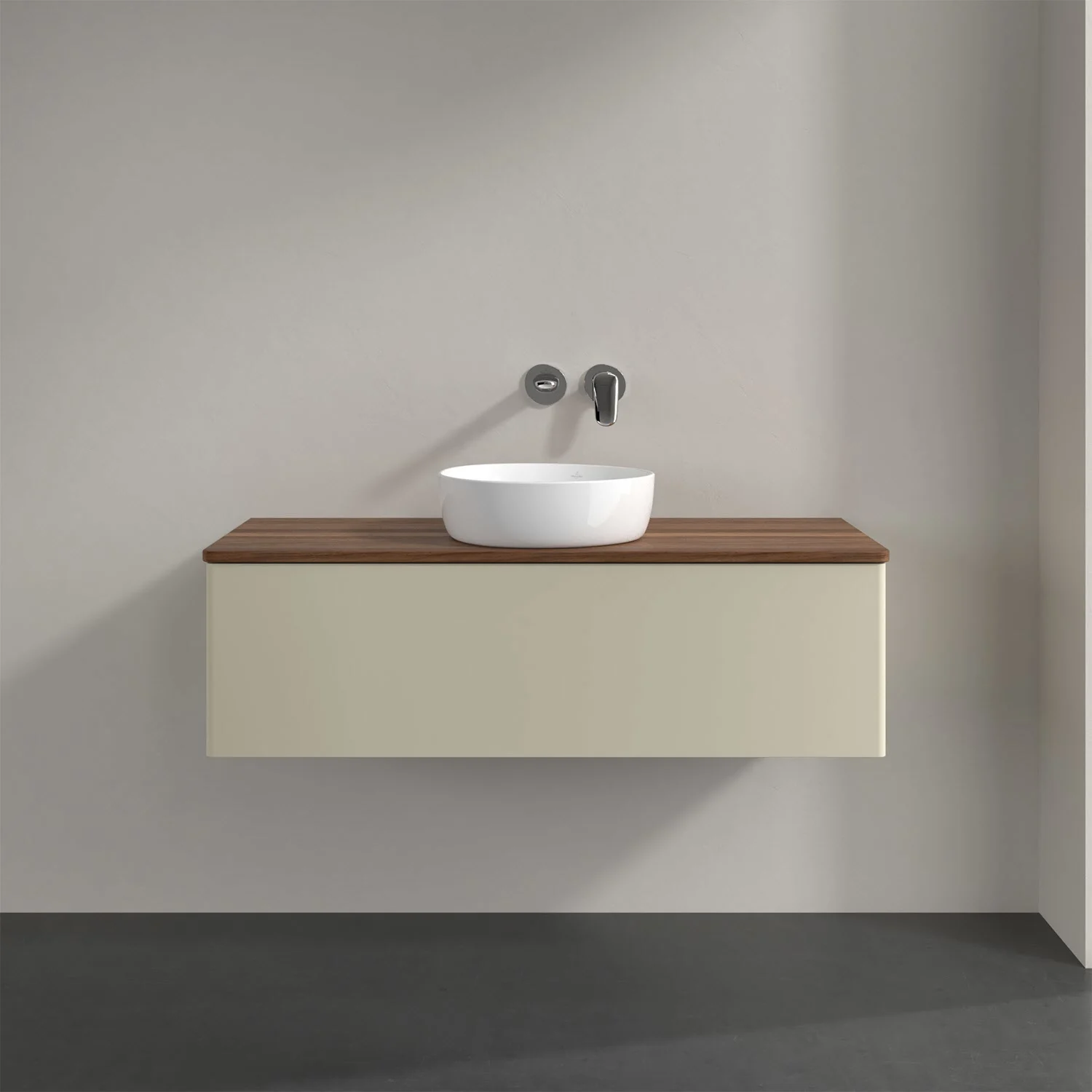 Kremowe meble łazienkowe z umywalką z bliska, Villeroy & Boch