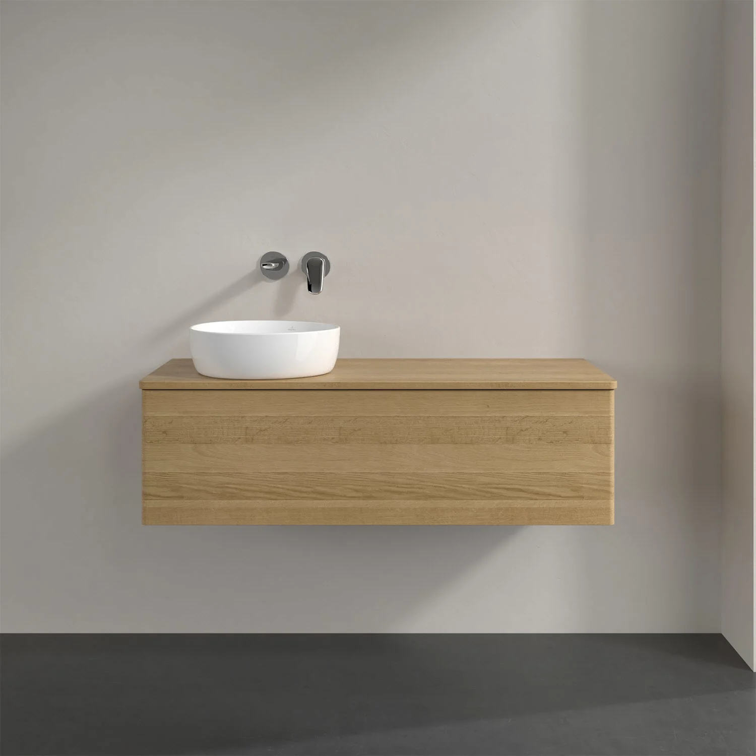 Umywalka z drewnianą powierzchnią i białą umywalką, Villeroy & Boch
