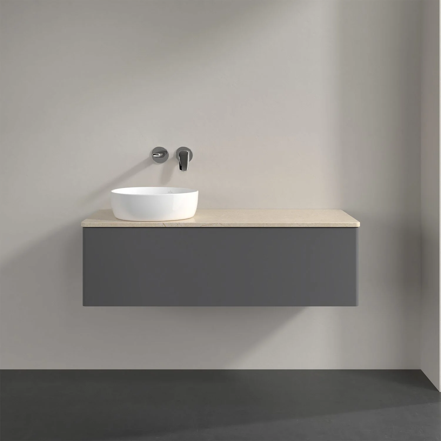 Szare meble łazienkowe z umywalką z bliska, Villeroy & Boch