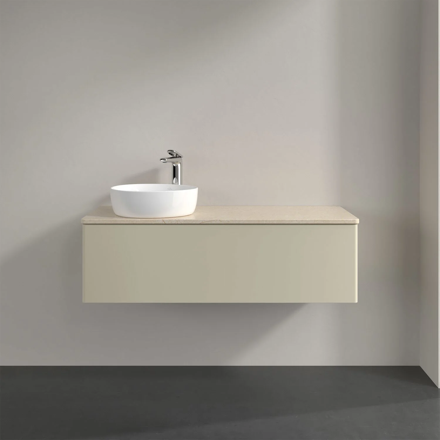 Umywalka z jasnobeżową szafką z bliska, Villeroy & Boch