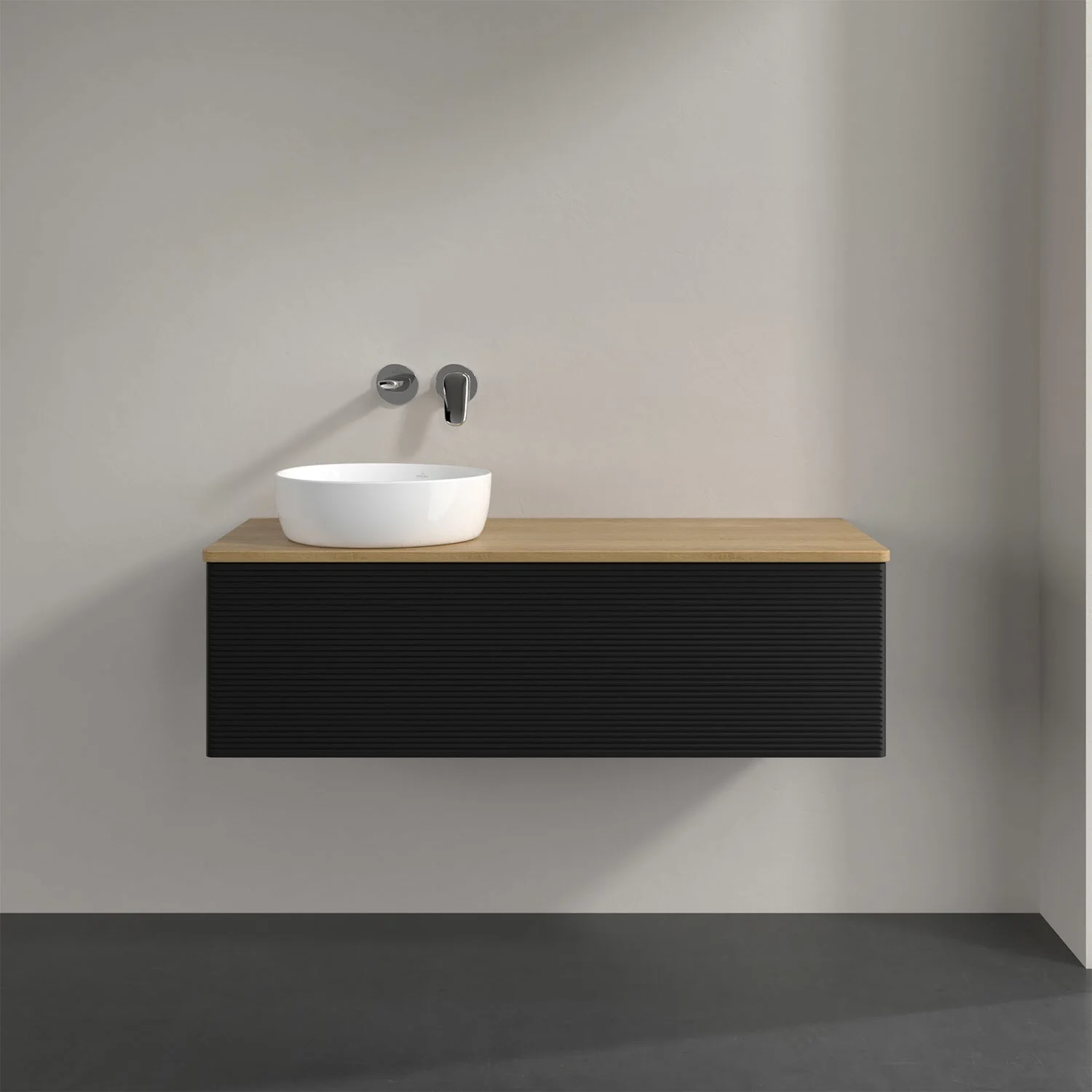 Umywalka z czarną szafką z bliska, Villeroy & Boch