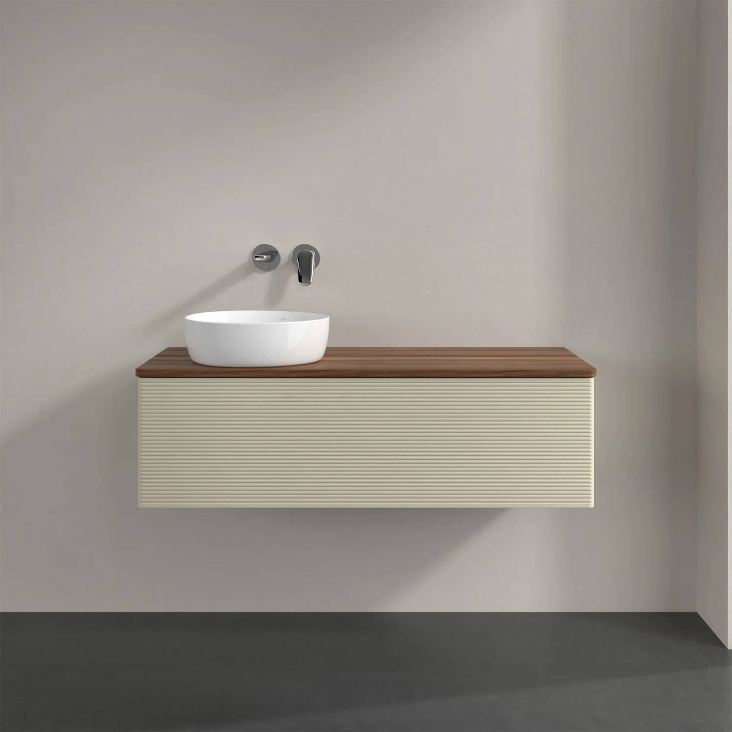 Umywalka z kremową szafką z bliska, Villeroy & Boch