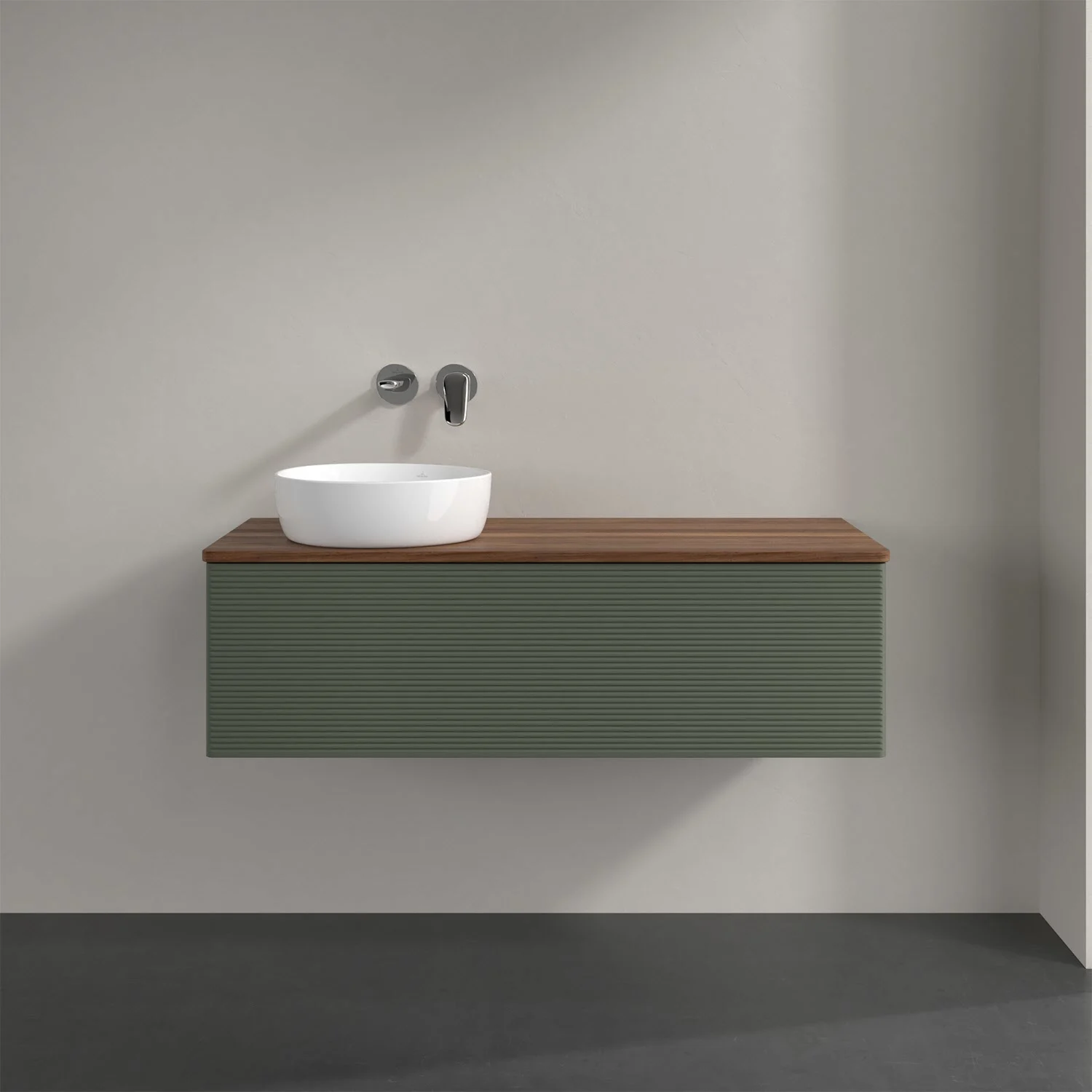 Umywalka z zieloną szafką z bliska, Villeroy & Boch