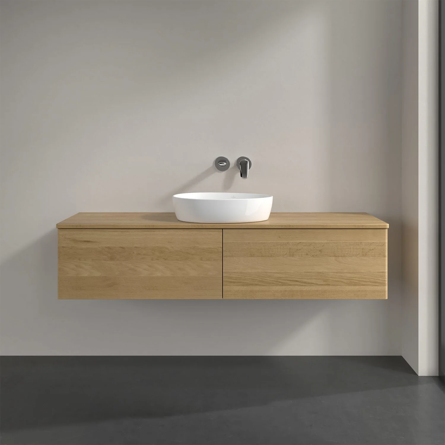 Umywalka z drewnianym blatem i drewnianą szafką, Villeroy & Boch
