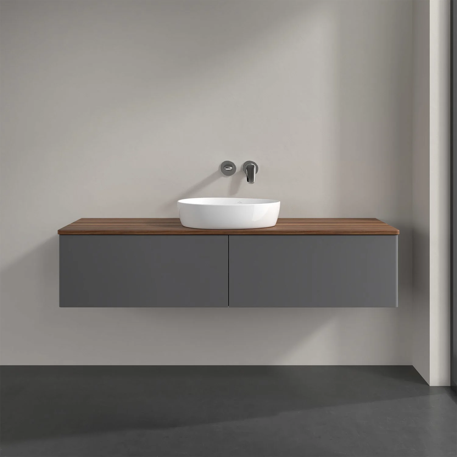 Umywalka z drewnianym blatem i szarą szafką, Villeroy & Boch
