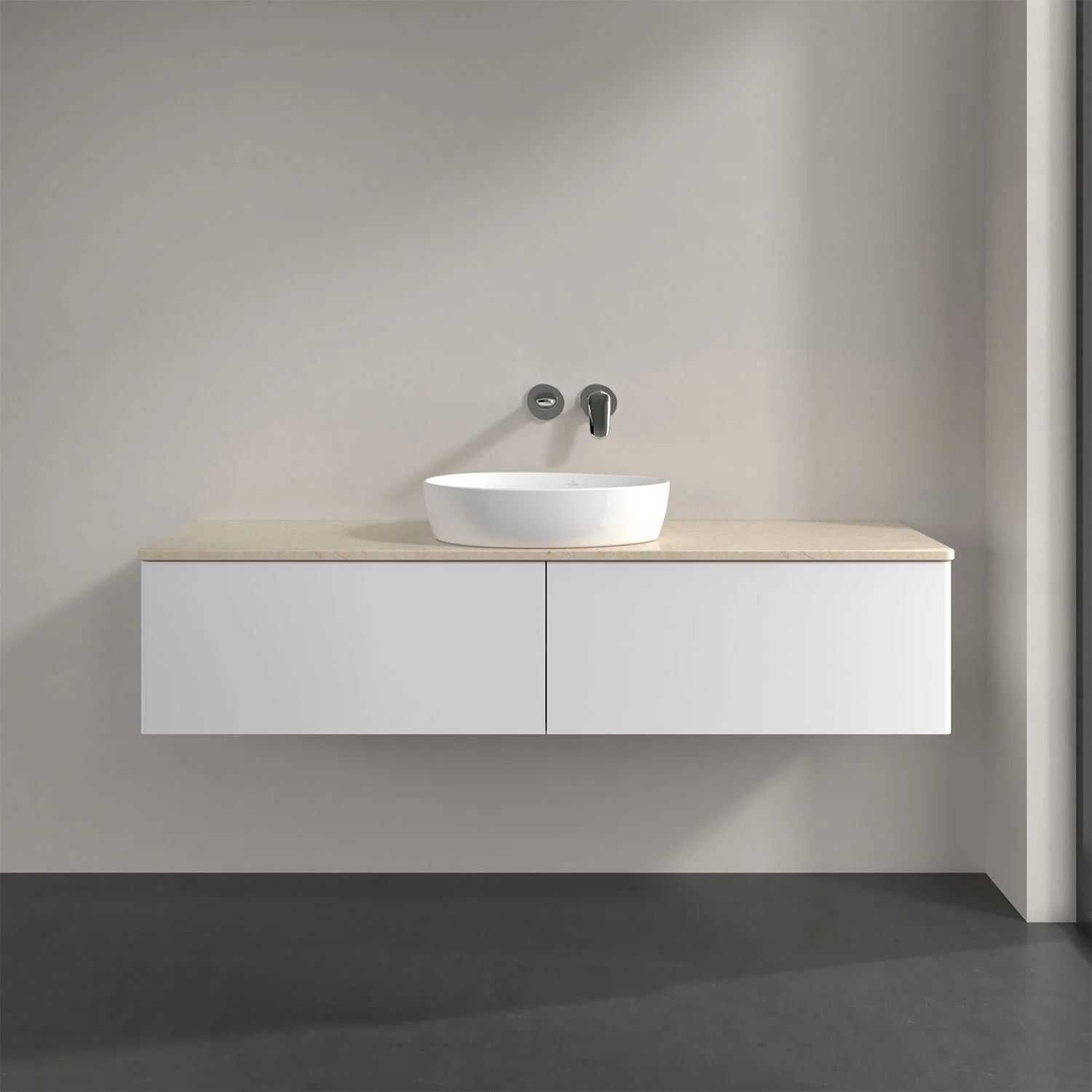 Białe meble łazienkowe z jasną umywalką z bliska, Villeroy & Boch