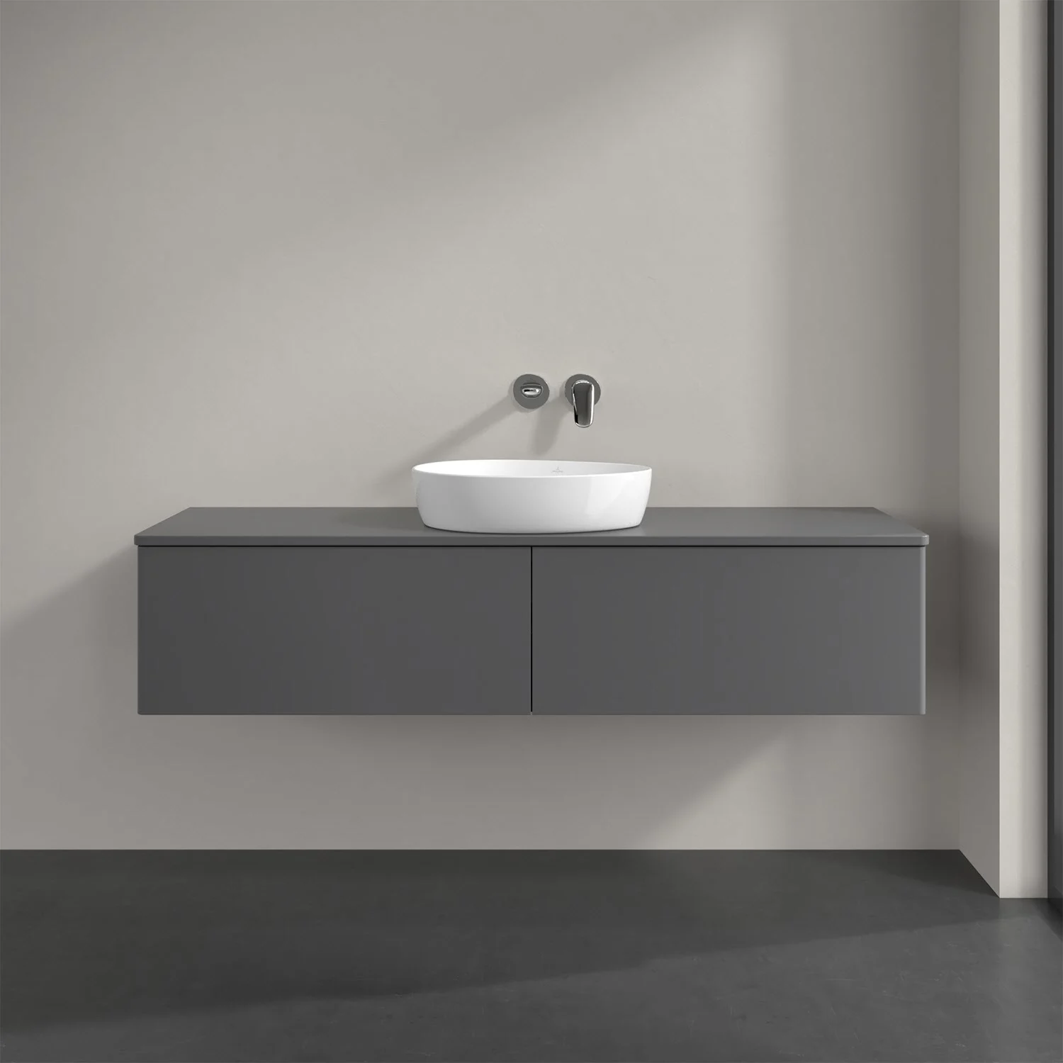 Szare meble łazienkowe z umywalką z bliska, Villeroy & Boch