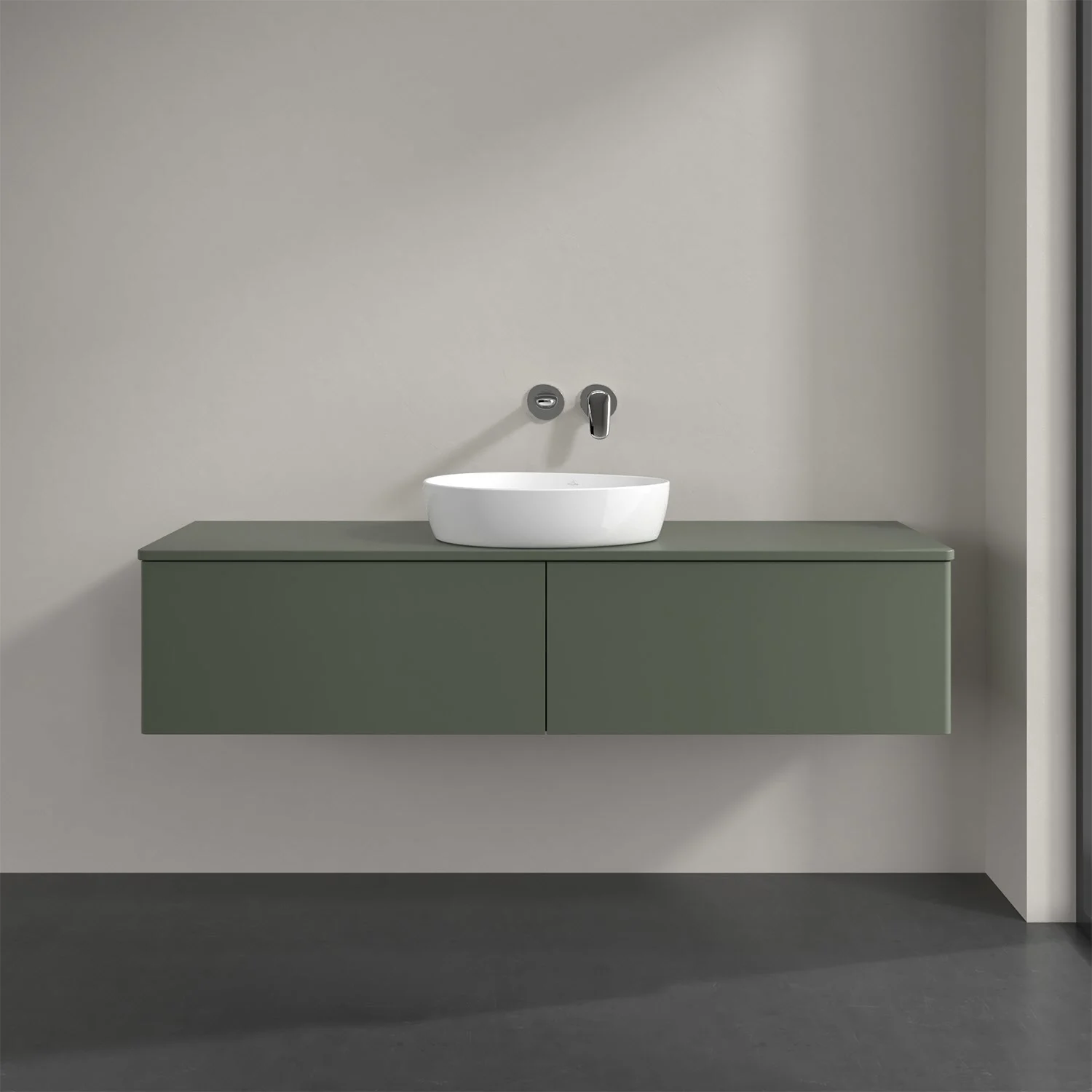 Zielone meble łazienkowe z umywalką z bliska, Villeroy & Boch