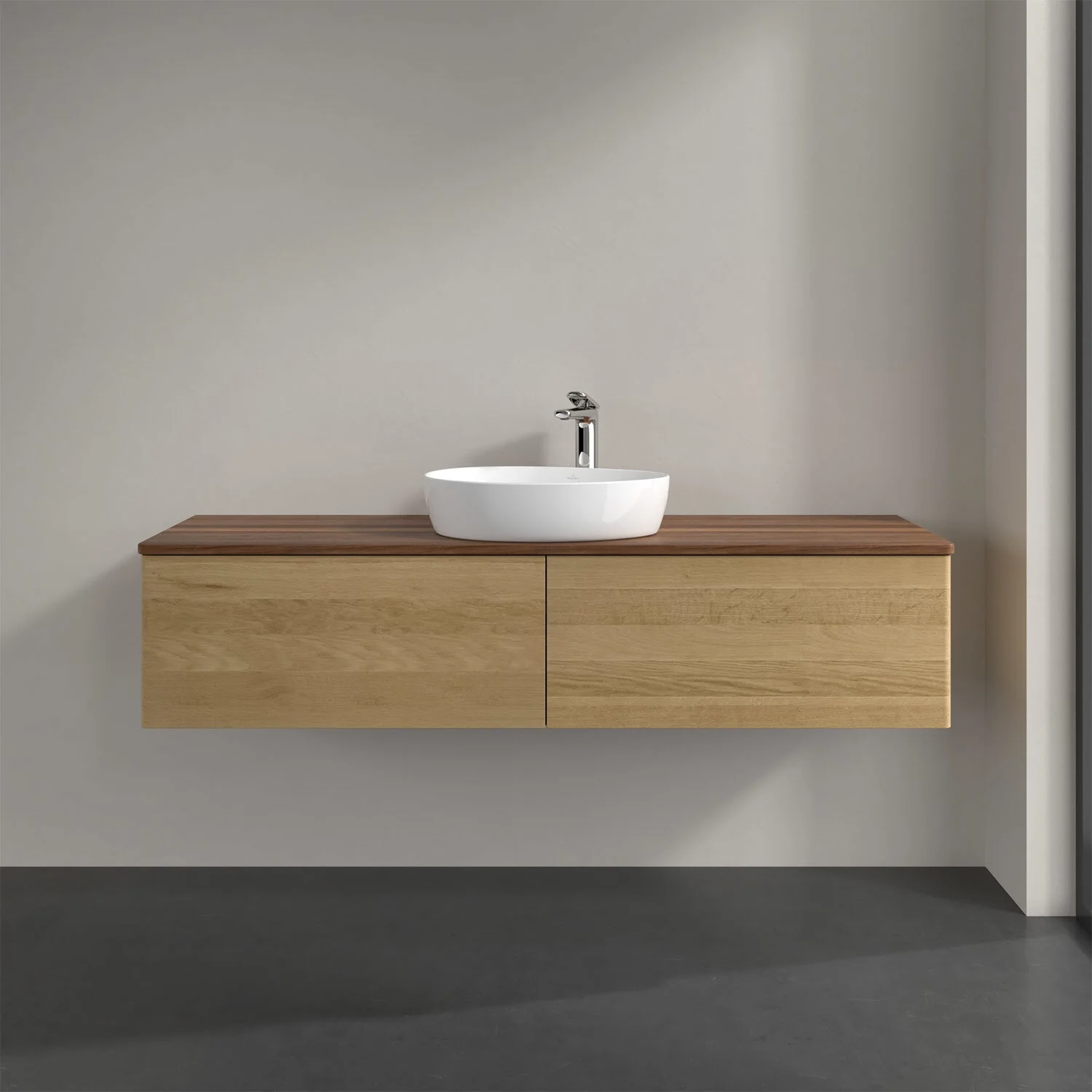 Umywalka z drewnianym frontem w łazience, Villeroy & Boch