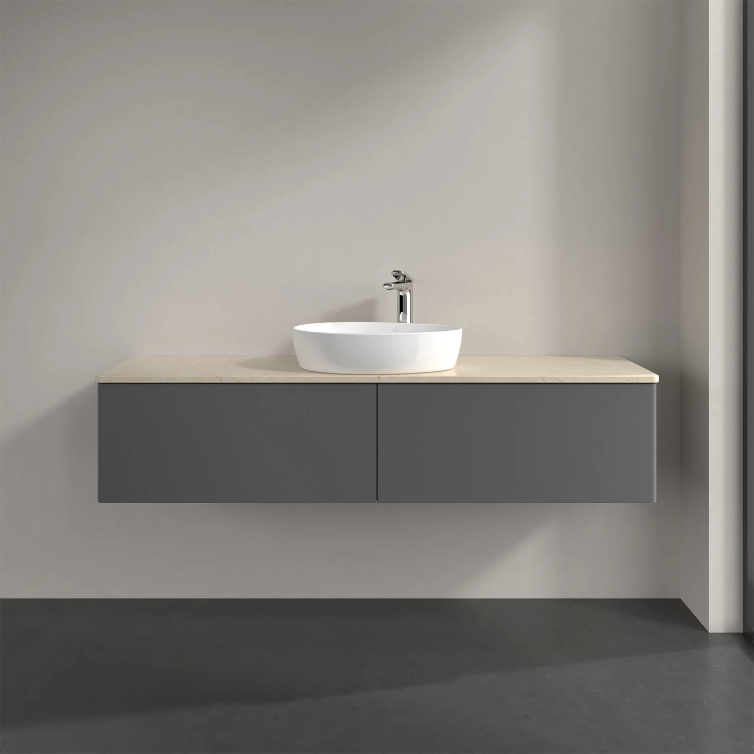 Umywalka z szarą szafką z bliska, Villeroy & Boch
