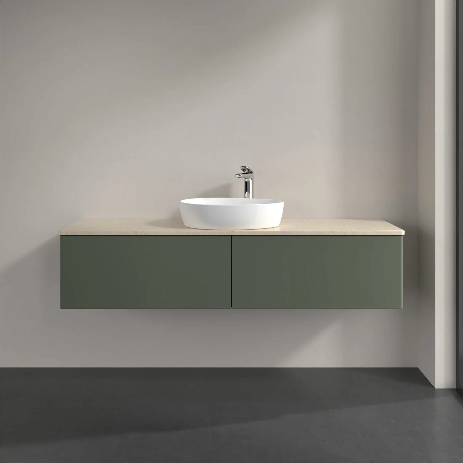 Zielona umywalka z baterią ścienną w łazience, Villeroy & Boch