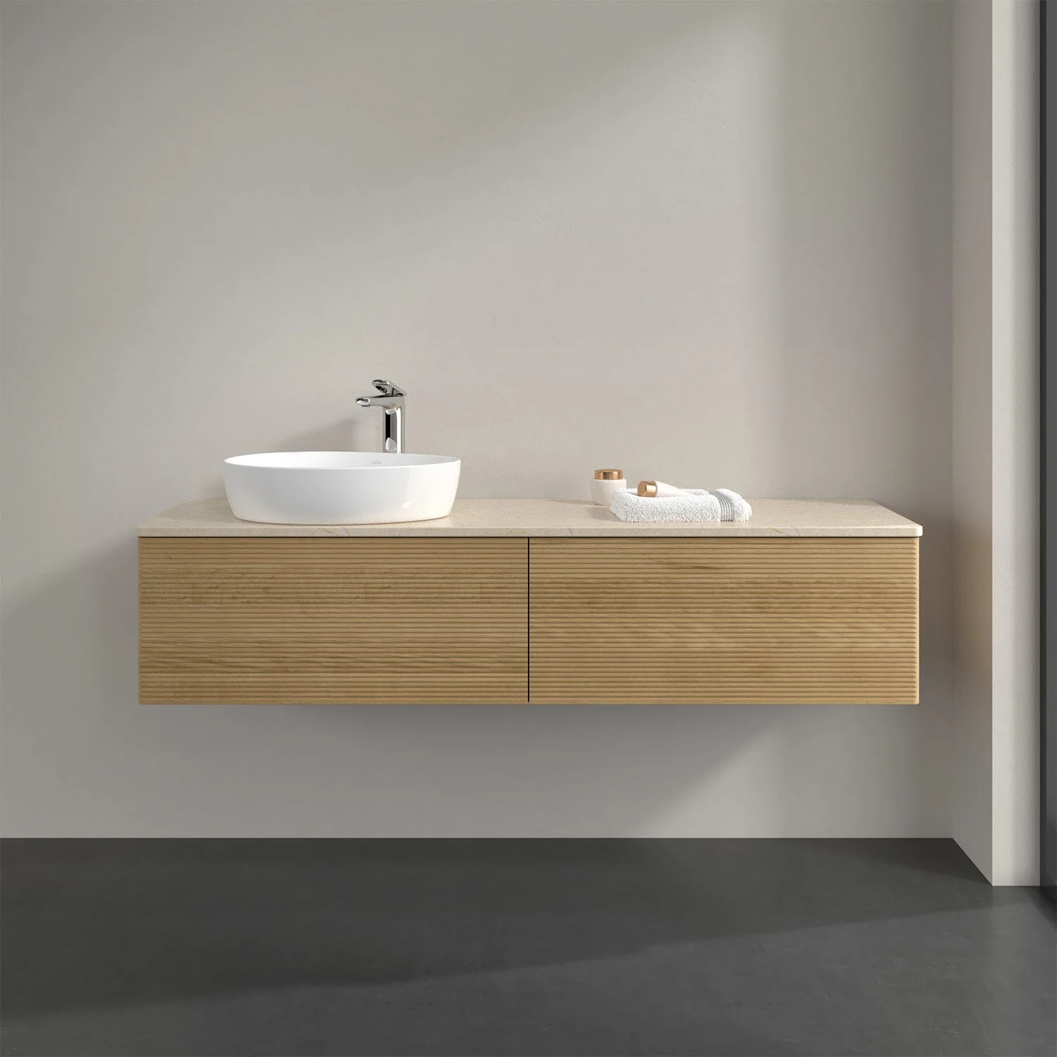 Umywalka z drewnianym frontem w łazience, Villeroy & Boch