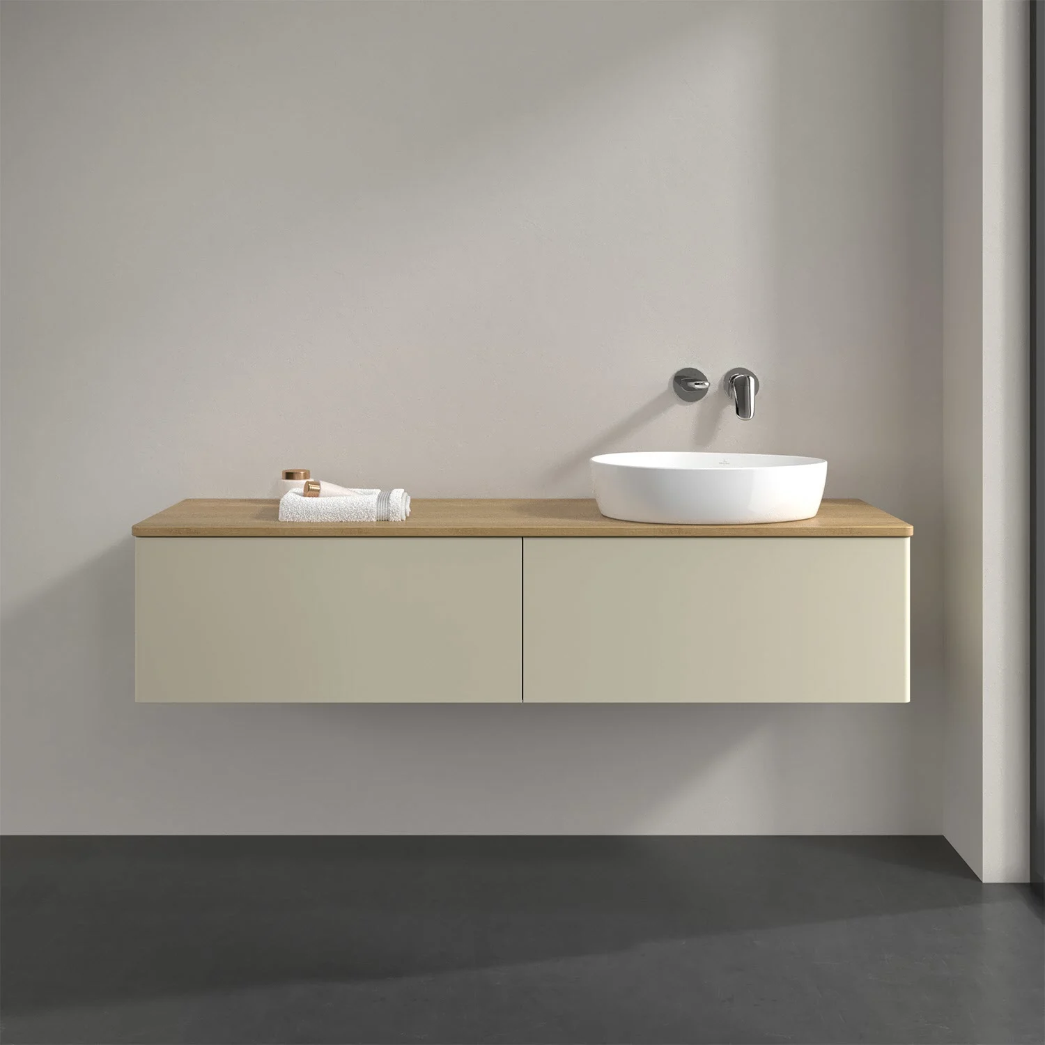 Beżowe meble łazienkowe z umywalką z bliska, Villeroy & Boch