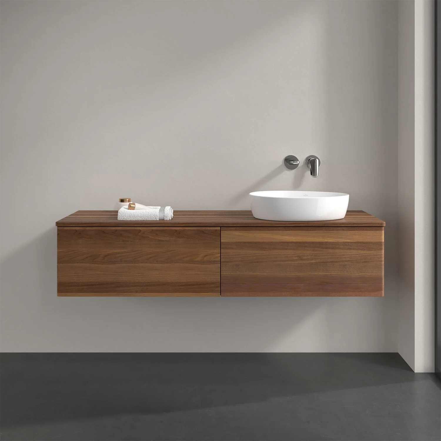 Ciemna drewniana umywalka z białą umywalką, Villeroy & Boch