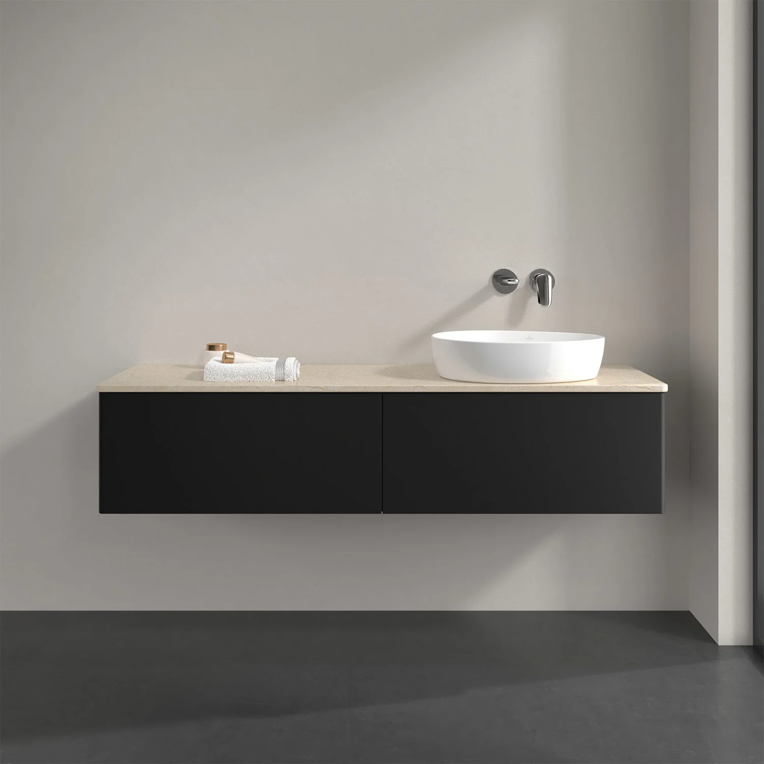 Czarne meble łazienkowe z umywalką z bliska, Villeroy & Boch