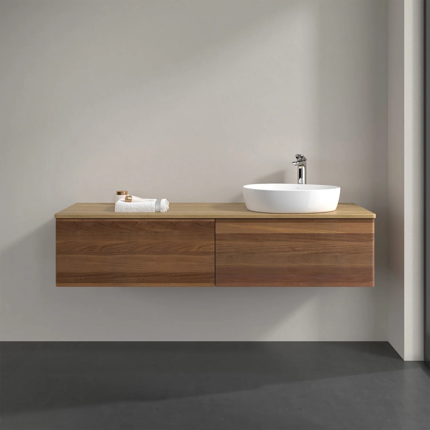 Umywalka z ciemną drewnianą powierzchnią i białą umywalką, Villeroy & Boch