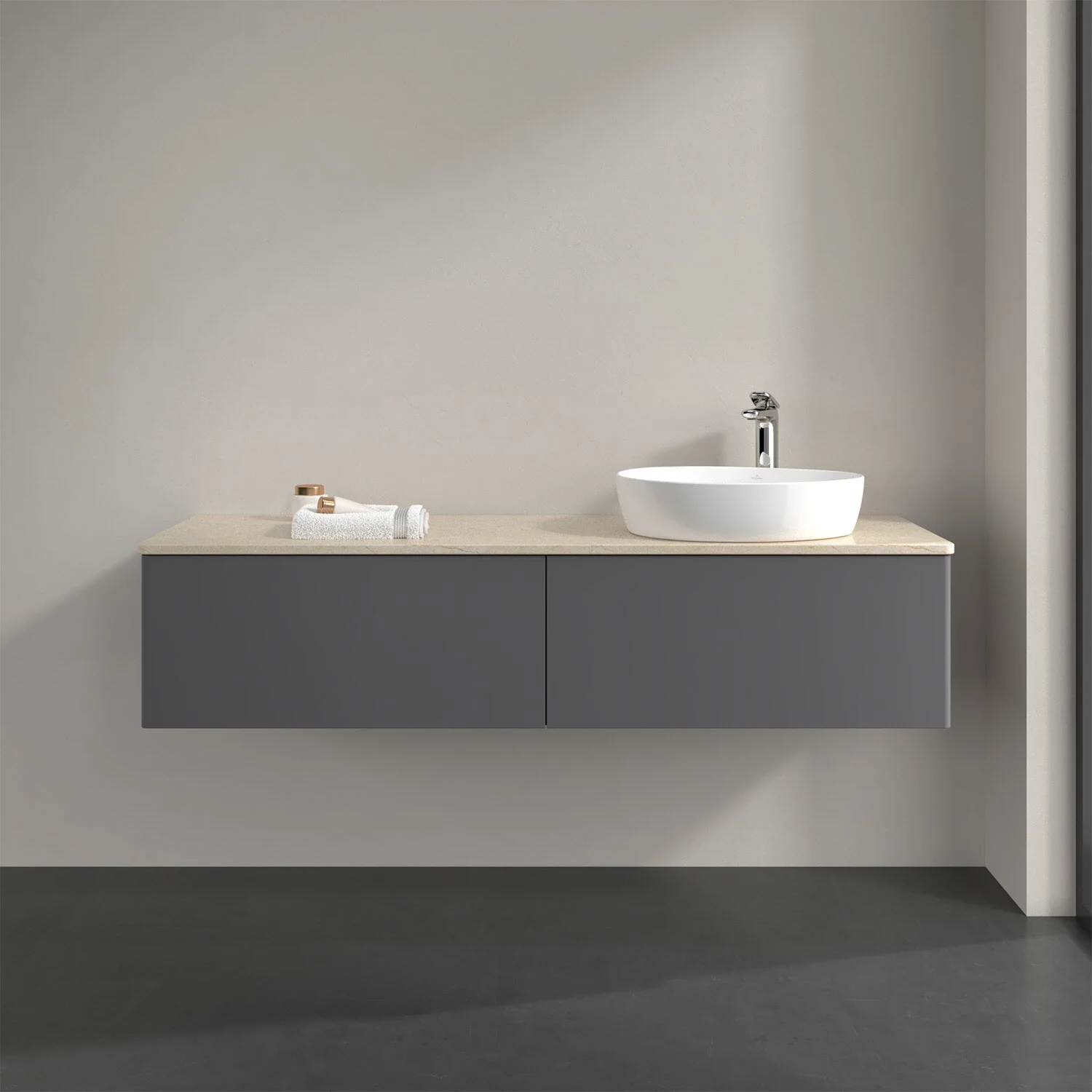 Szara szafka umywalkowa z białą umywalką, Villeroy & Boch