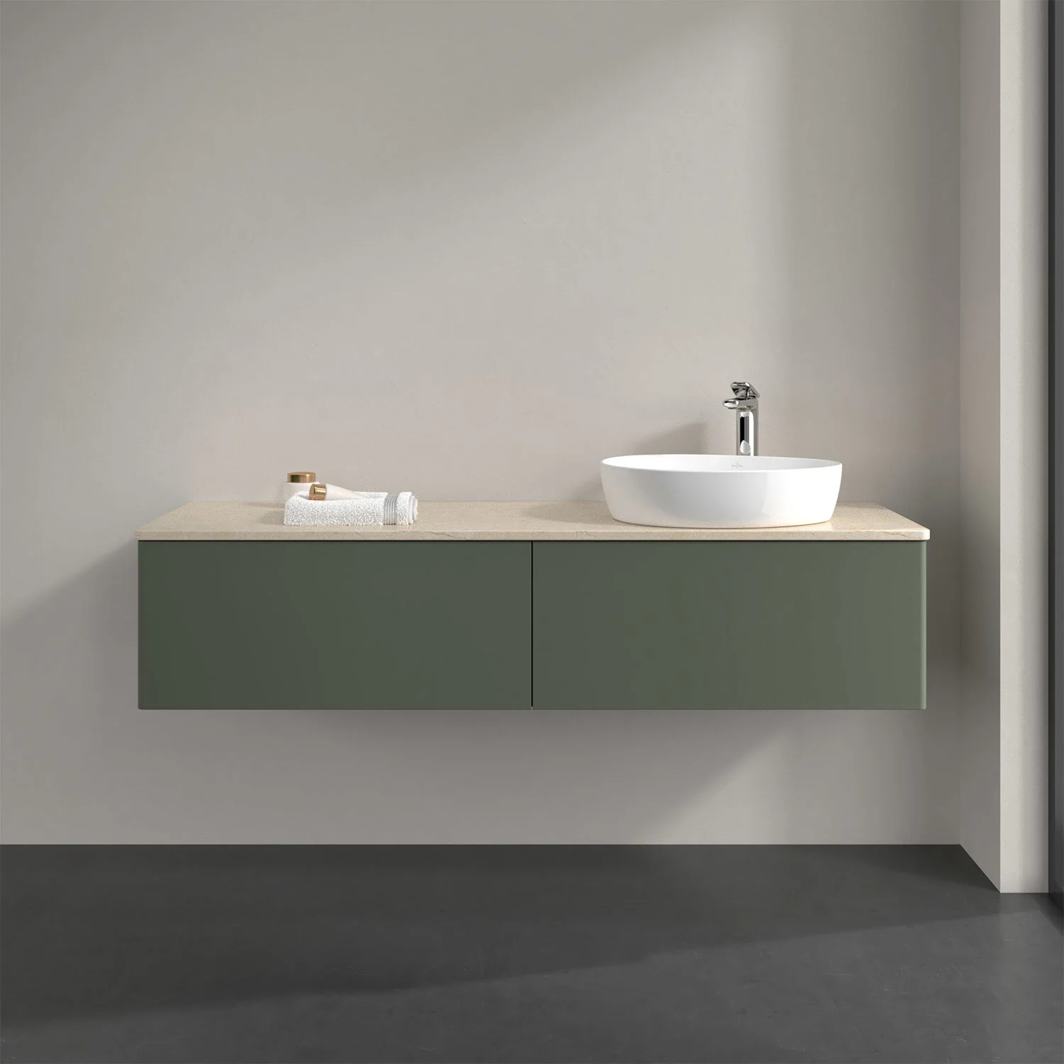 Zielone meble łazienkowe z umywalką z bliska, Villeroy & Boch