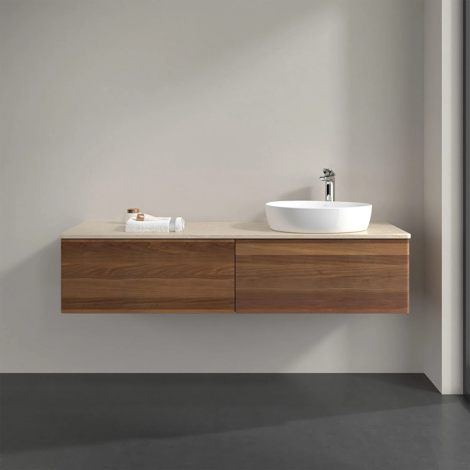 Meble łazienkowe z ciemnego drewna z umywalką z bliska, Villeroy & Boch