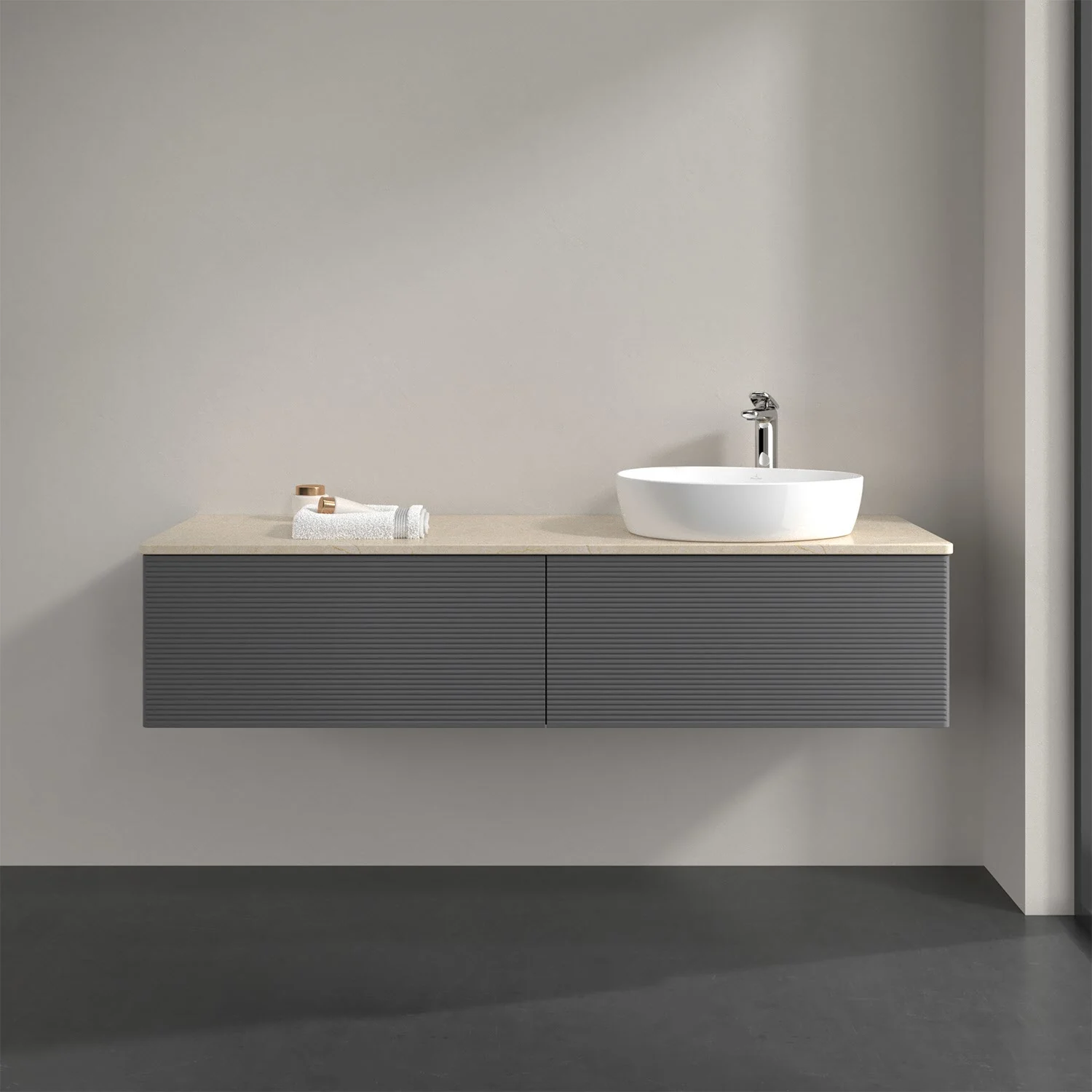 Umywalka z szarą szafką w łazience, Villeroy & Boch