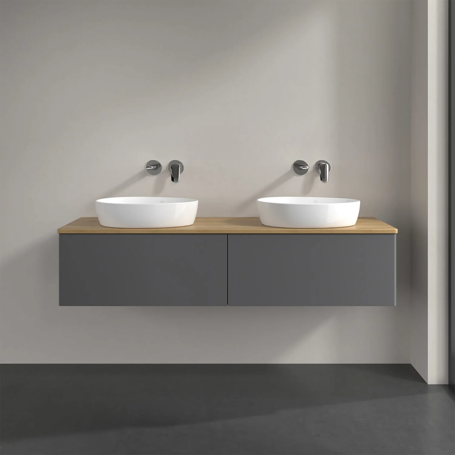 Podwójna umywalka z szarą szafką w łazience, Villeroy & Boch