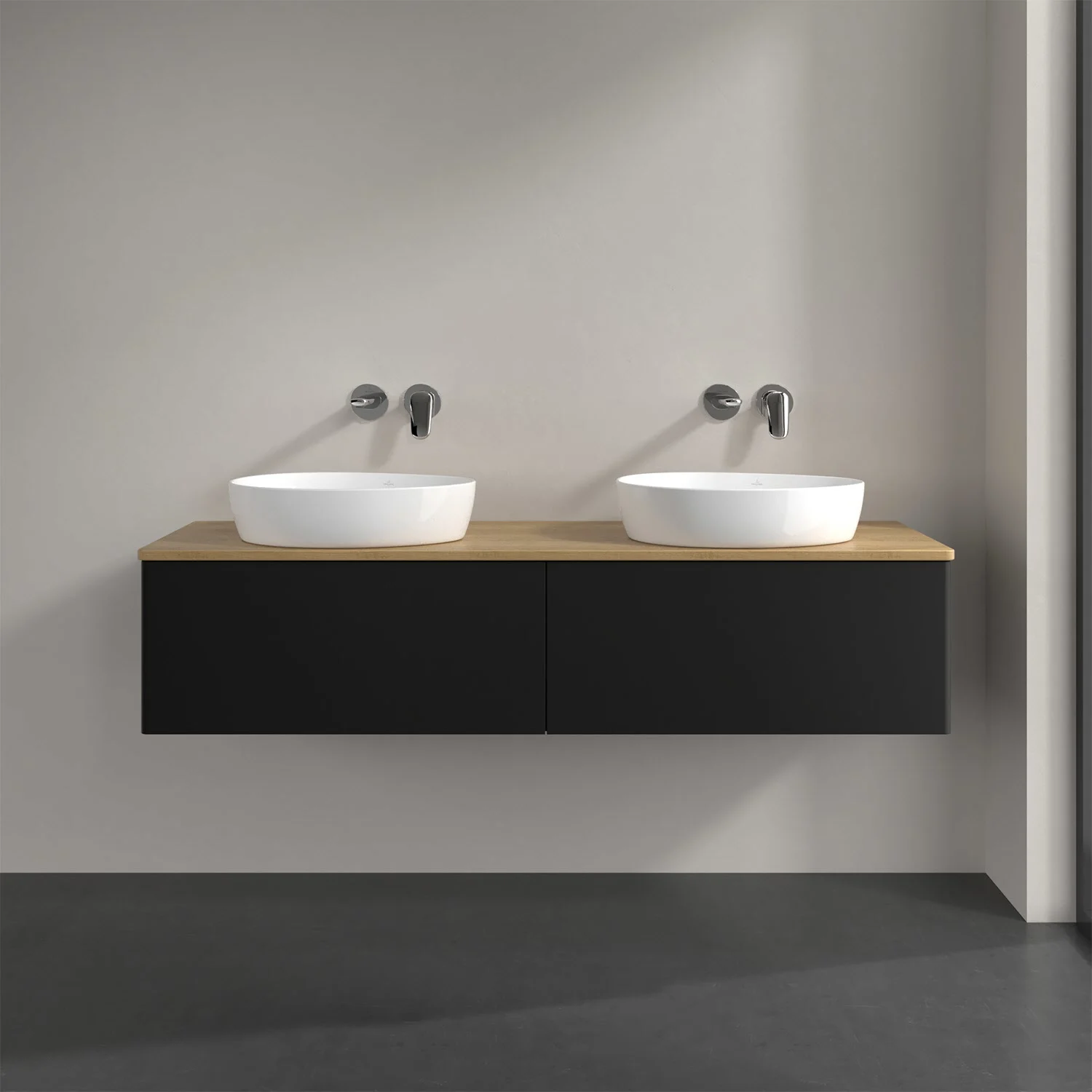 Podwójna umywalka z czarną szafką w łazience, Villeroy & Boch