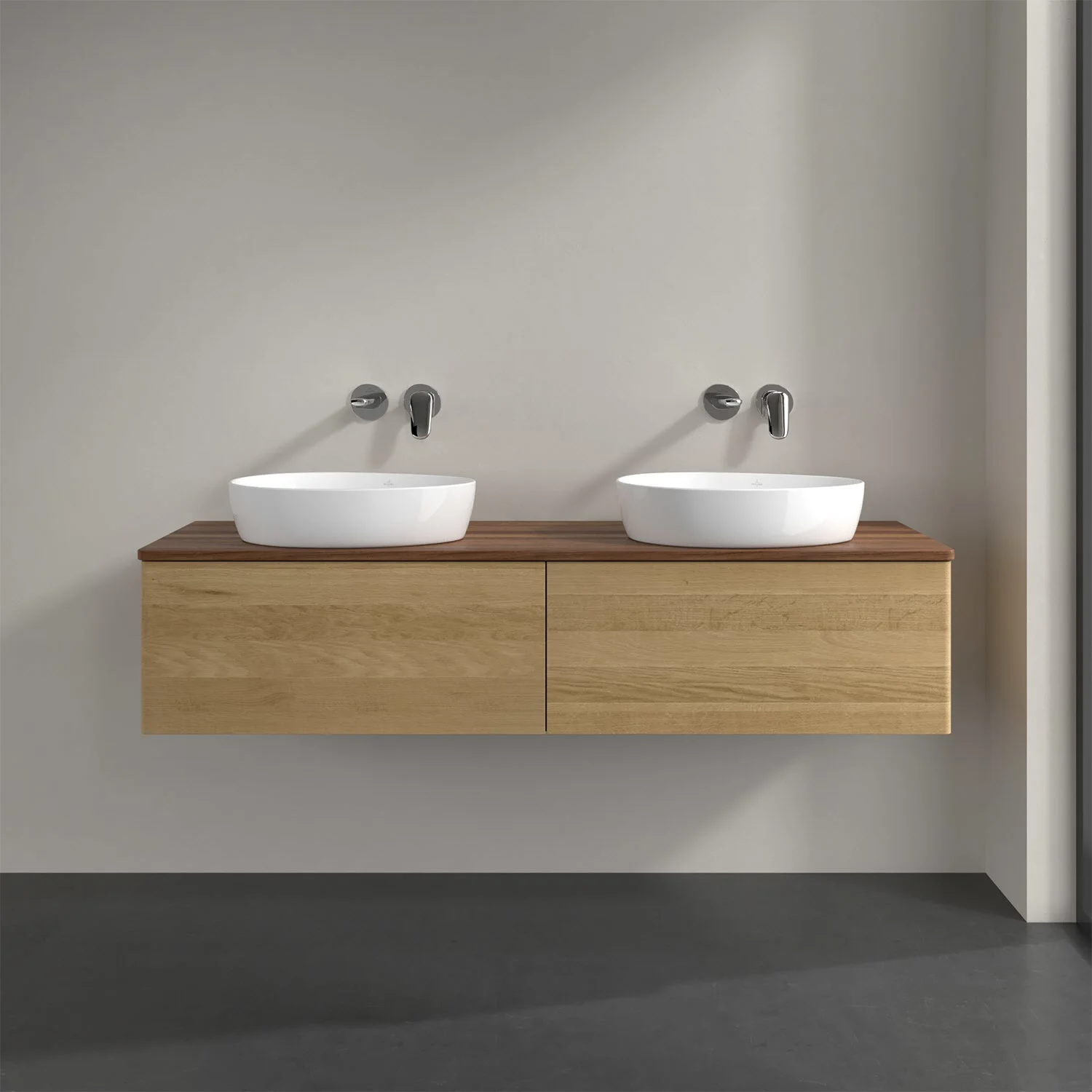 Drewniana podwójna umywalka z drewnianym blatem w łazience, Villeroy & Boch
