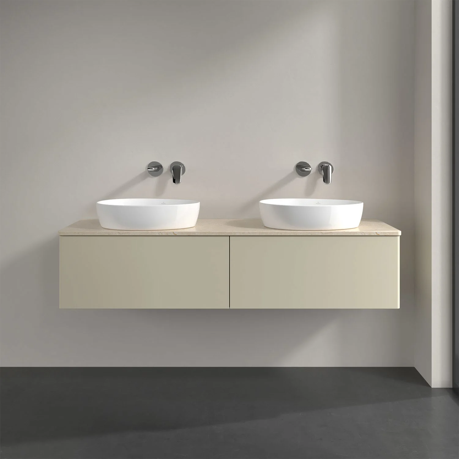 Podwójna umywalka z kremową szafką w łazience, Villeroy & Boch