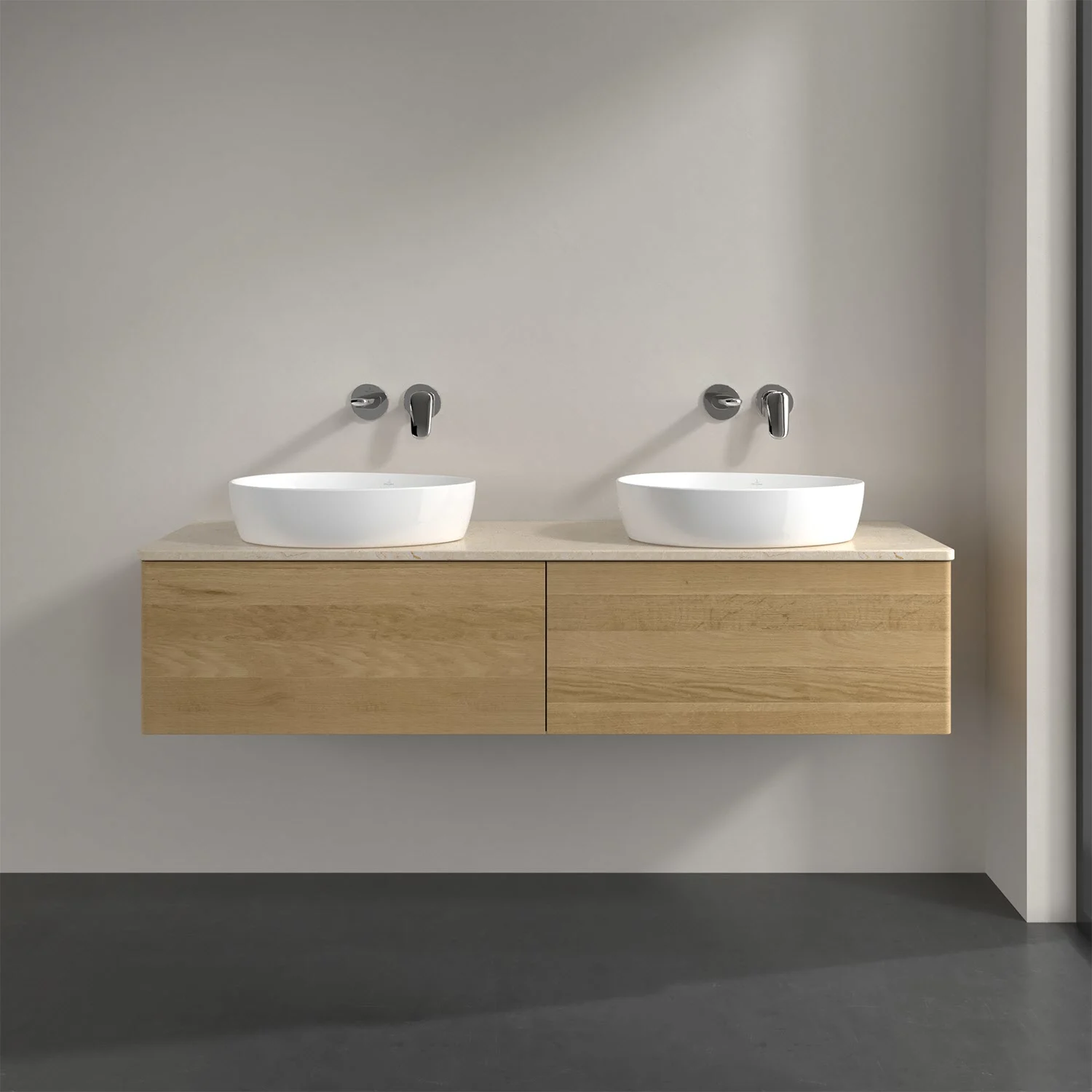Drewniana podwójna umywalka w łazience, Villeroy & Boch