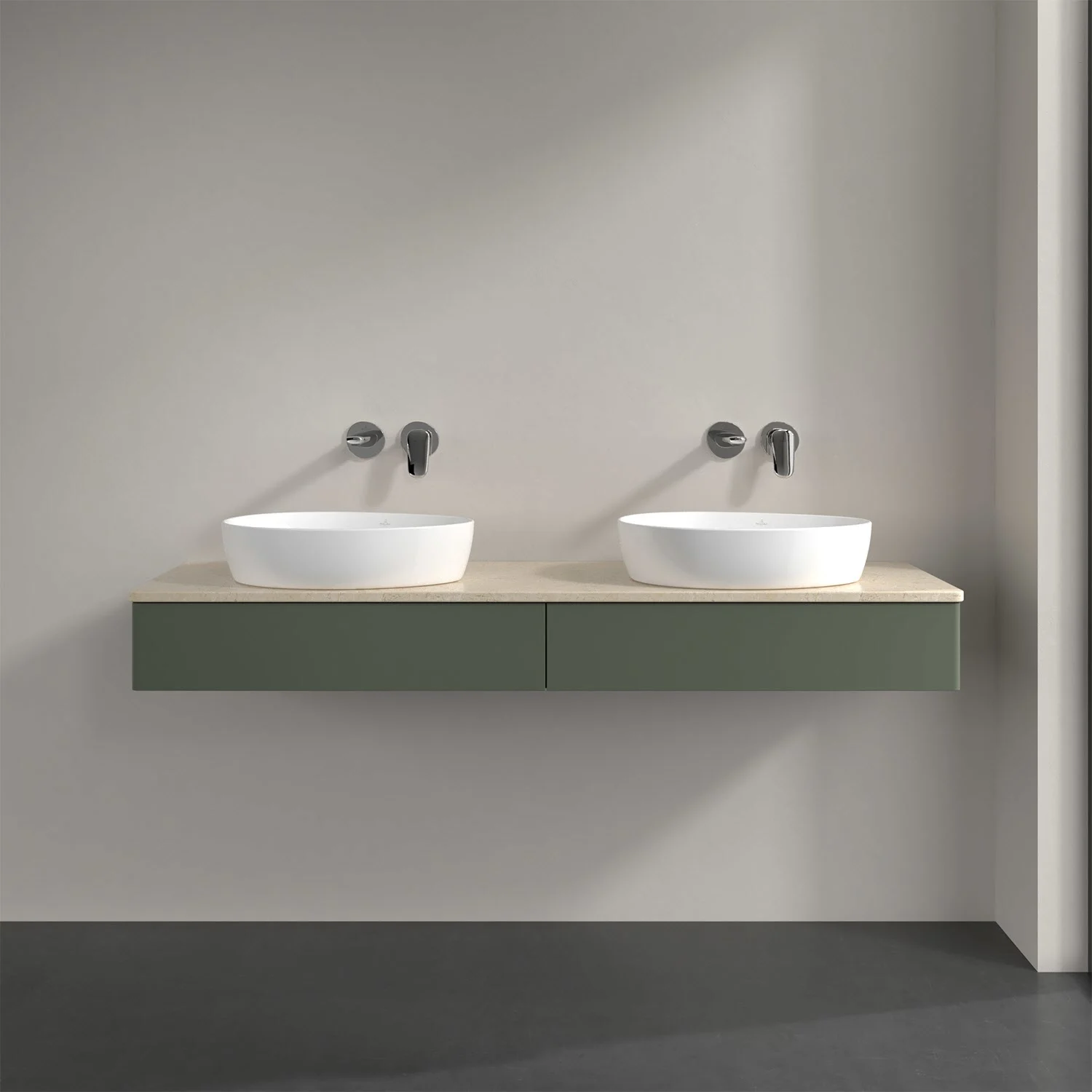 Podwójna umywalka z zieloną szafką w łazience, Villeroy & Boch