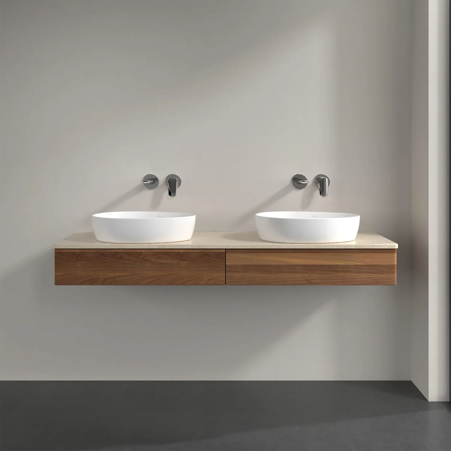 Podwójna umywalka z drewnianą szafką w łazience, Villeroy & Boch