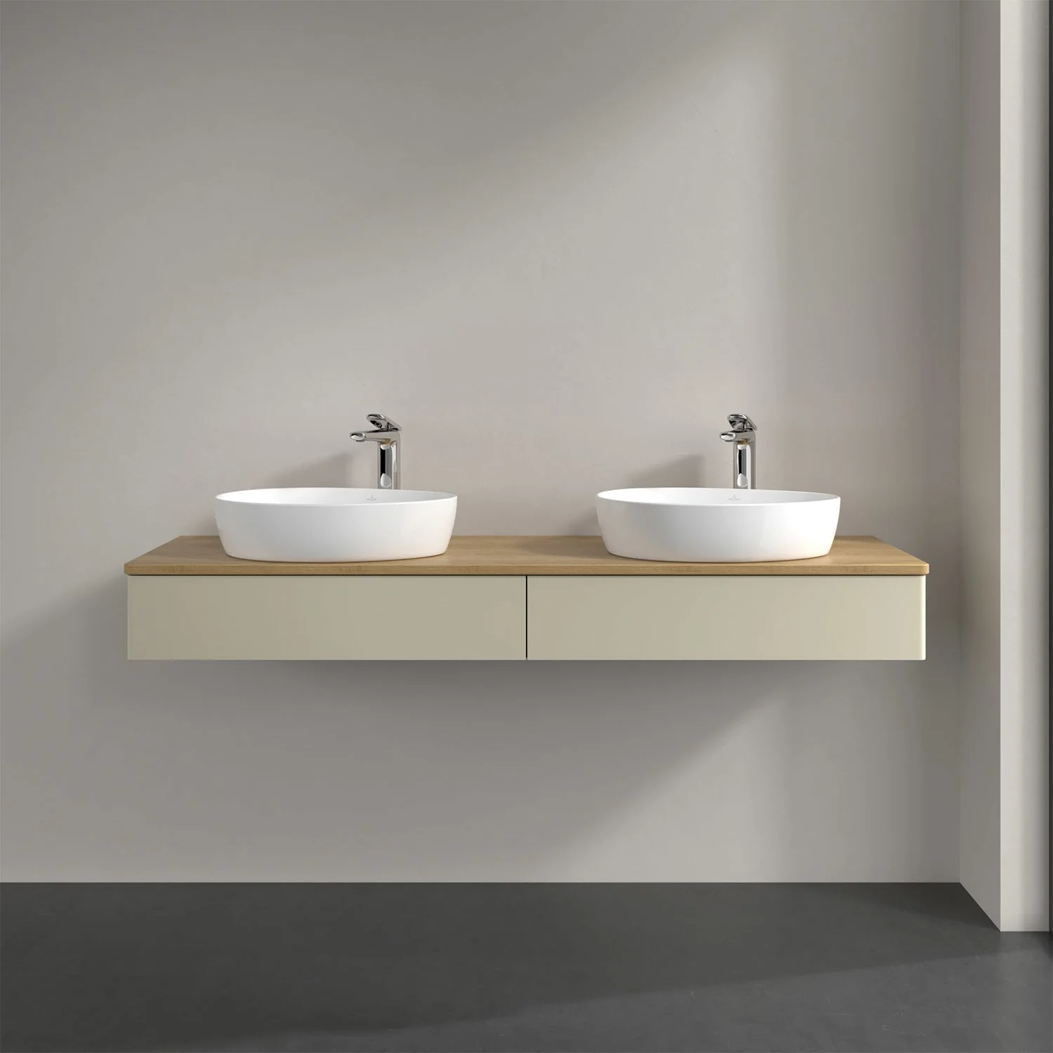 Podwójna umywalka z kremową szafką w łazience, Villeroy & Boch
