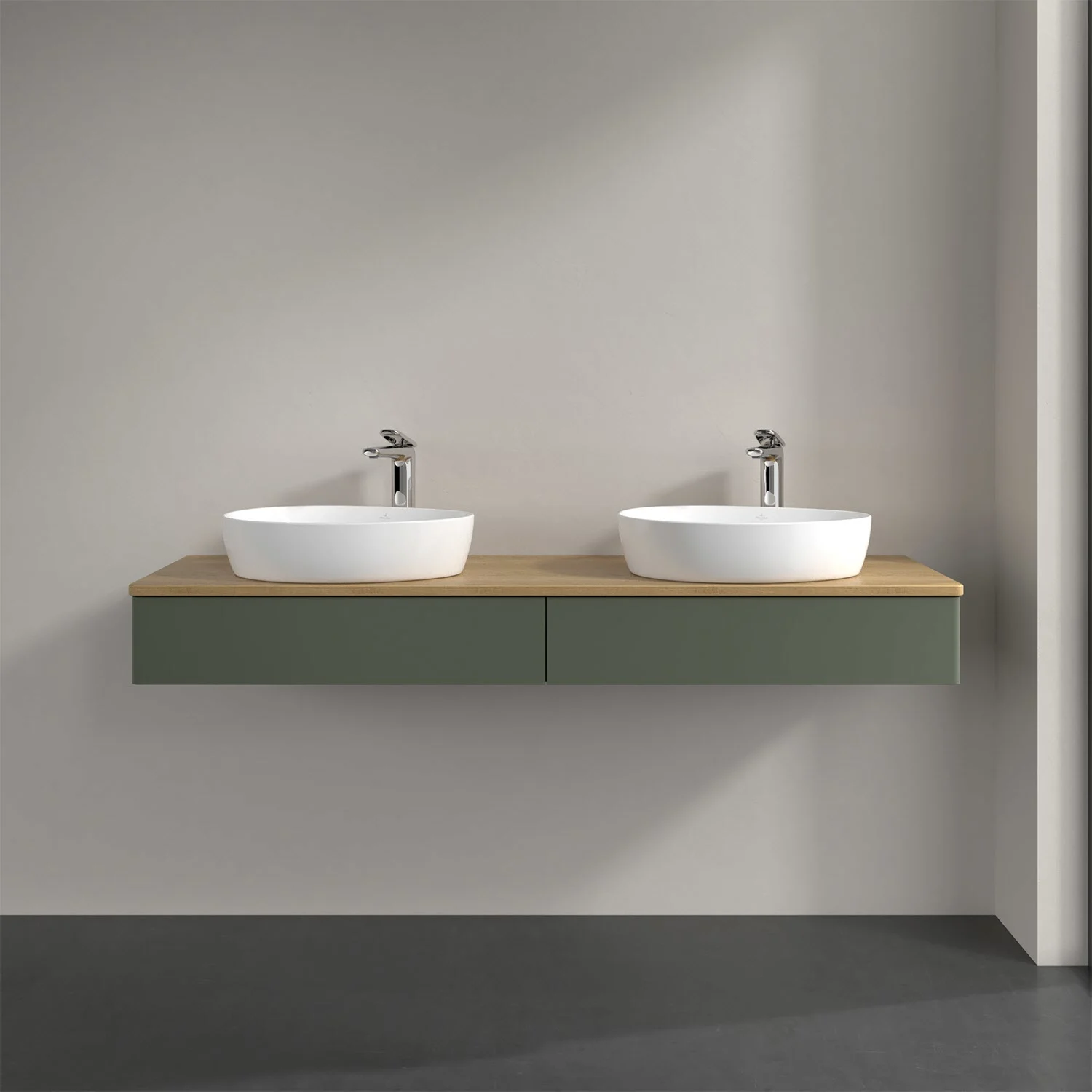 Podwójna umywalka z zieloną szafką w łazience, Villeroy & Boch