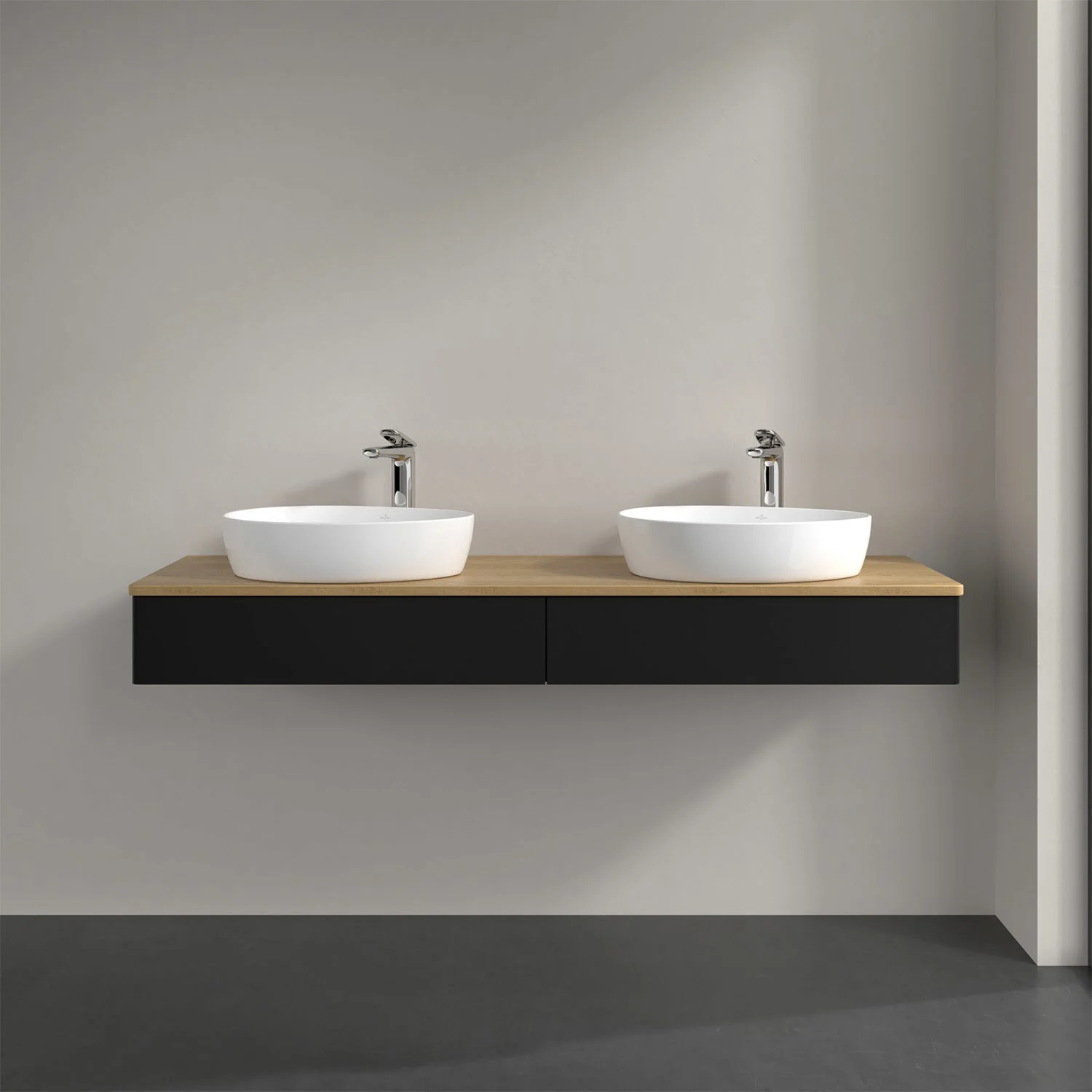 Podwójna umywalka z czarną szafką w łazience, Villeroy & Boch