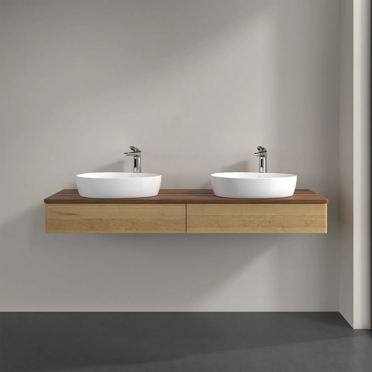 Podwójna umywalka z drewnianą szafką w łazience, Villeroy & Boch