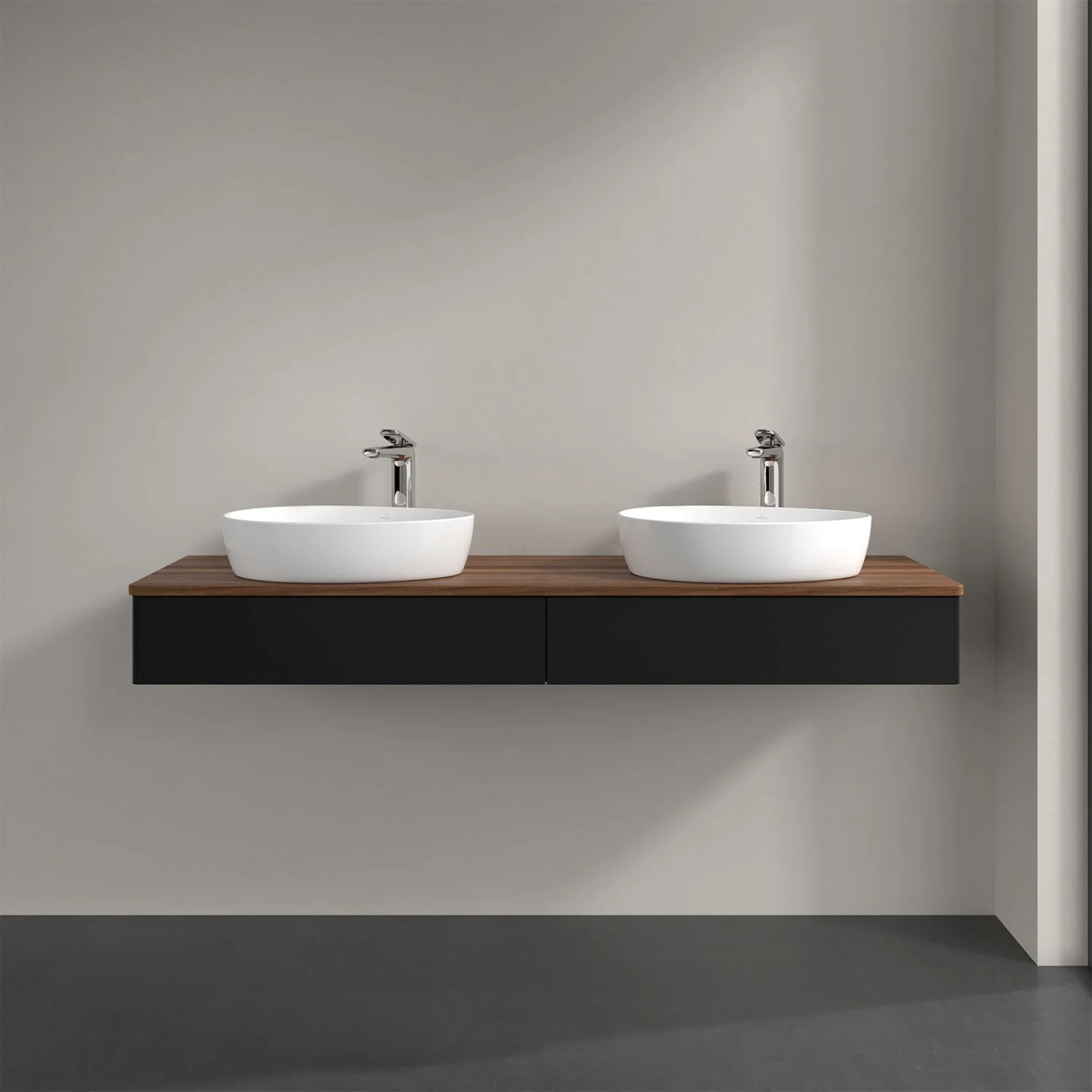 Podwójna umywalka z czarną szafką w łazience, Villeroy & Boch