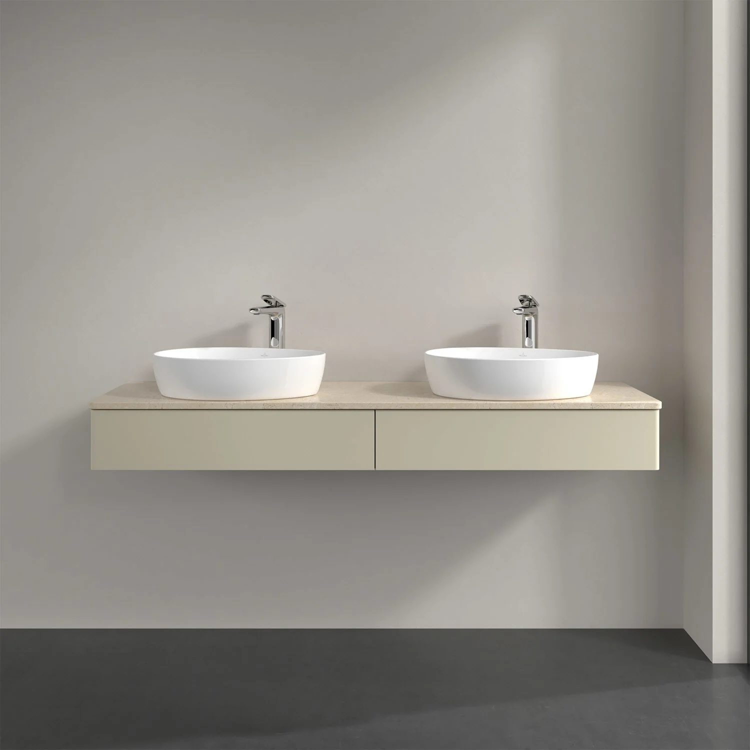 Podwójna umywalka z beżową szafką w łazience, Villeroy & Boch
