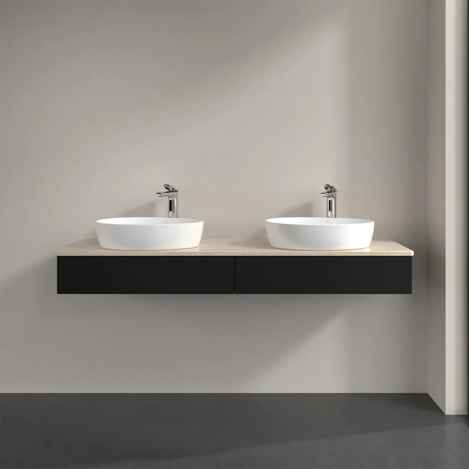 Podwójna umywalka z czarną szafką w łazience, Villeroy & Boch