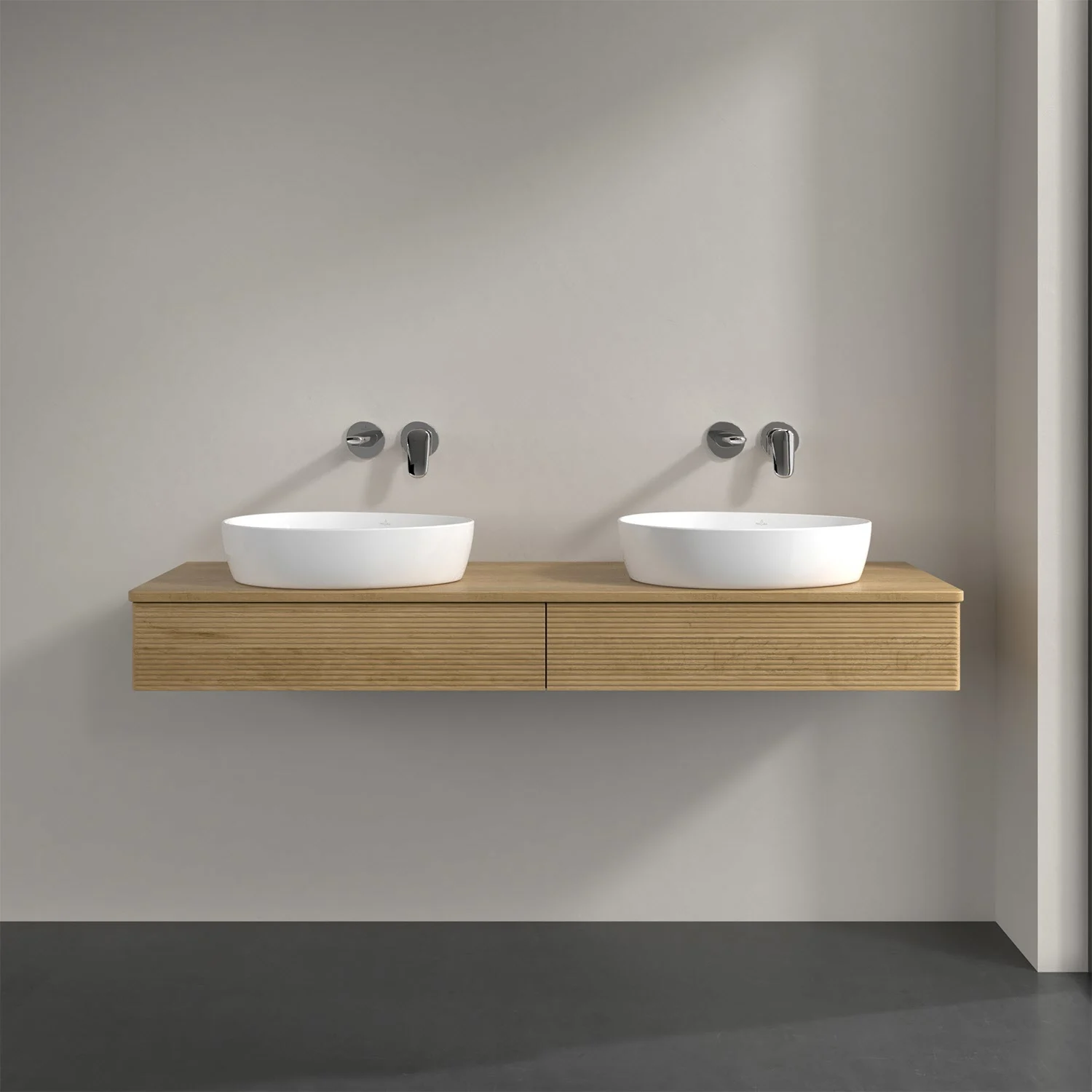 Podwójna umywalka z drewnianą szafką w łazience, Villeroy & Boch