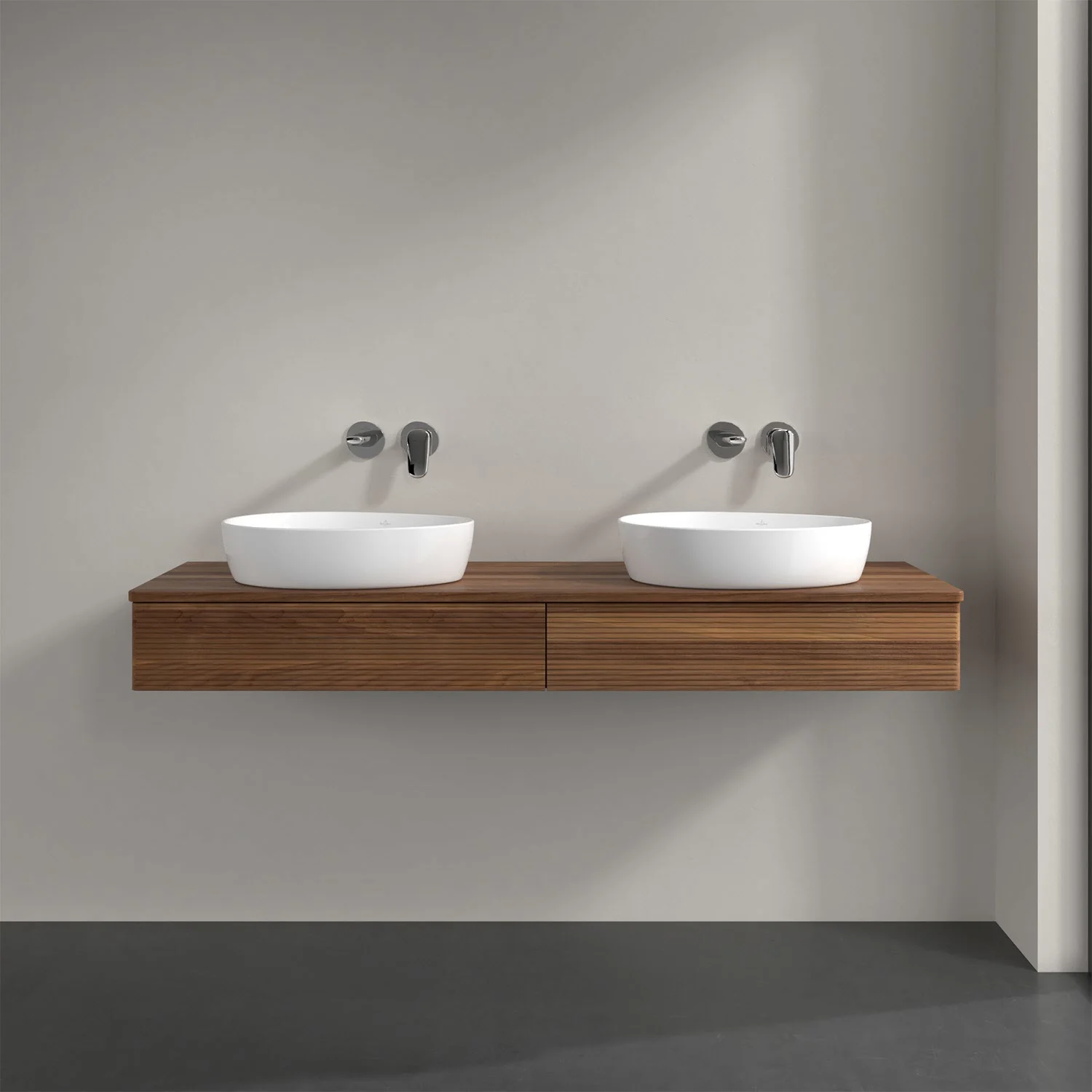 Podwójna umywalka z brązową drewnianą szafką w łazience, Villeroy & Boch