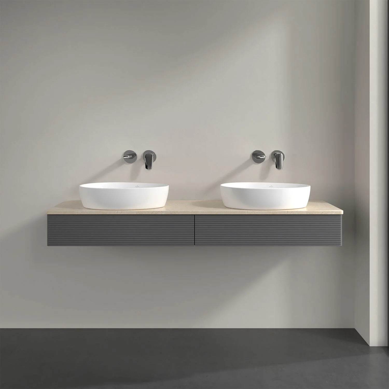 Podwójna umywalka z szarą szafką w łazience, Villeroy & Boch