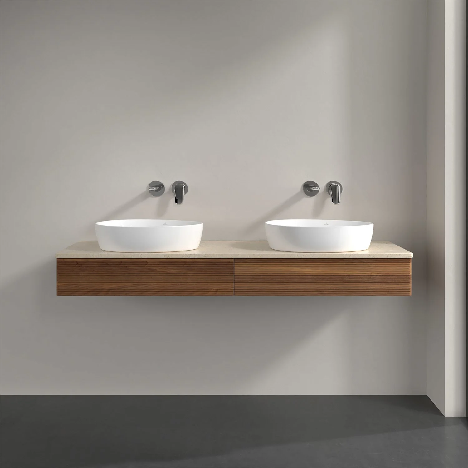 Podwójna umywalka z ciemną drewnianą szafką w łazience, Villeroy & Boch