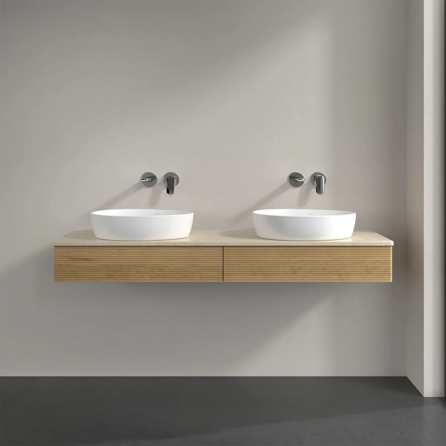 Podwójna umywalka z drewnianą szafką w łazience, Villeroy & Boch