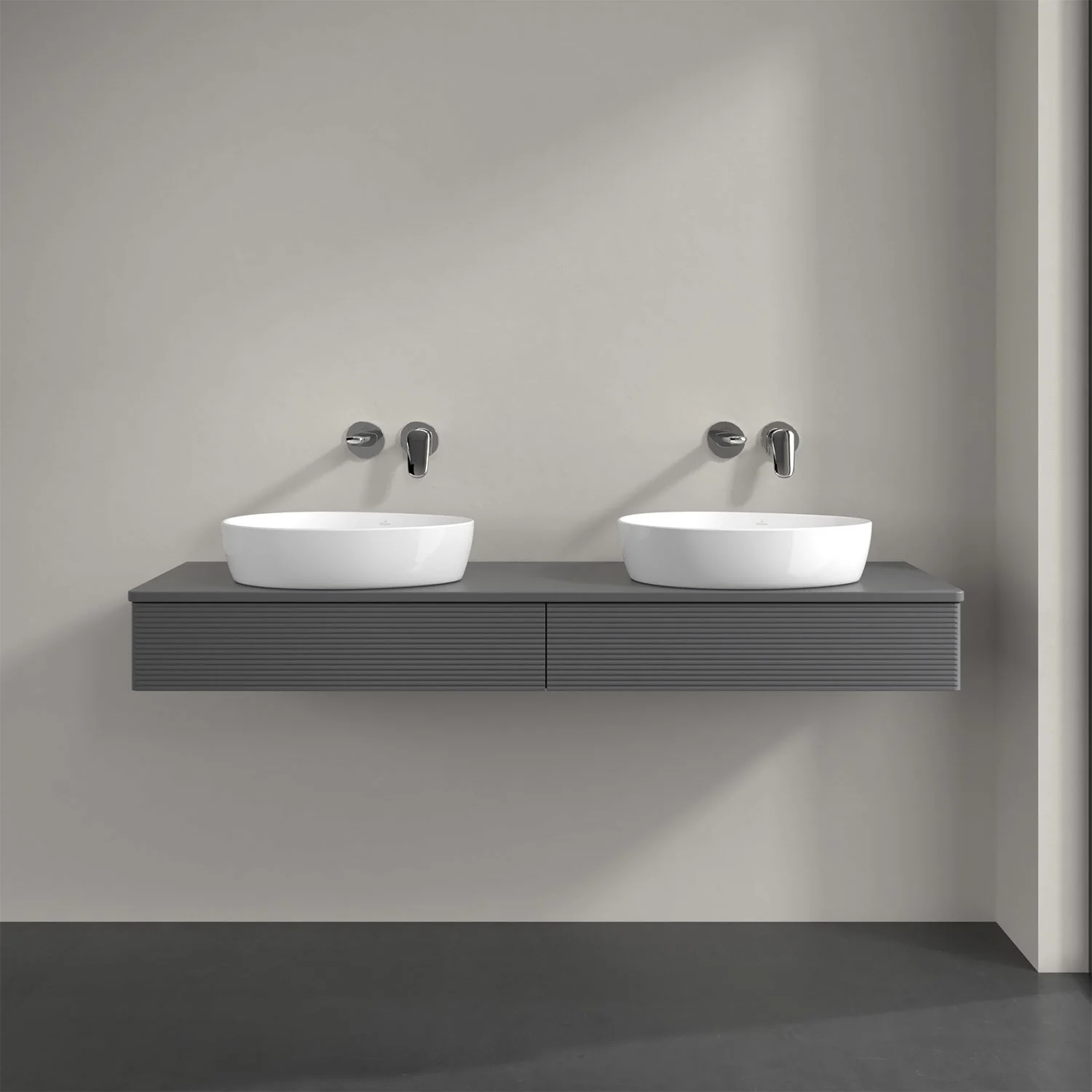 Podwójna umywalka z szarą szafką w łazience, Villeroy & Boch