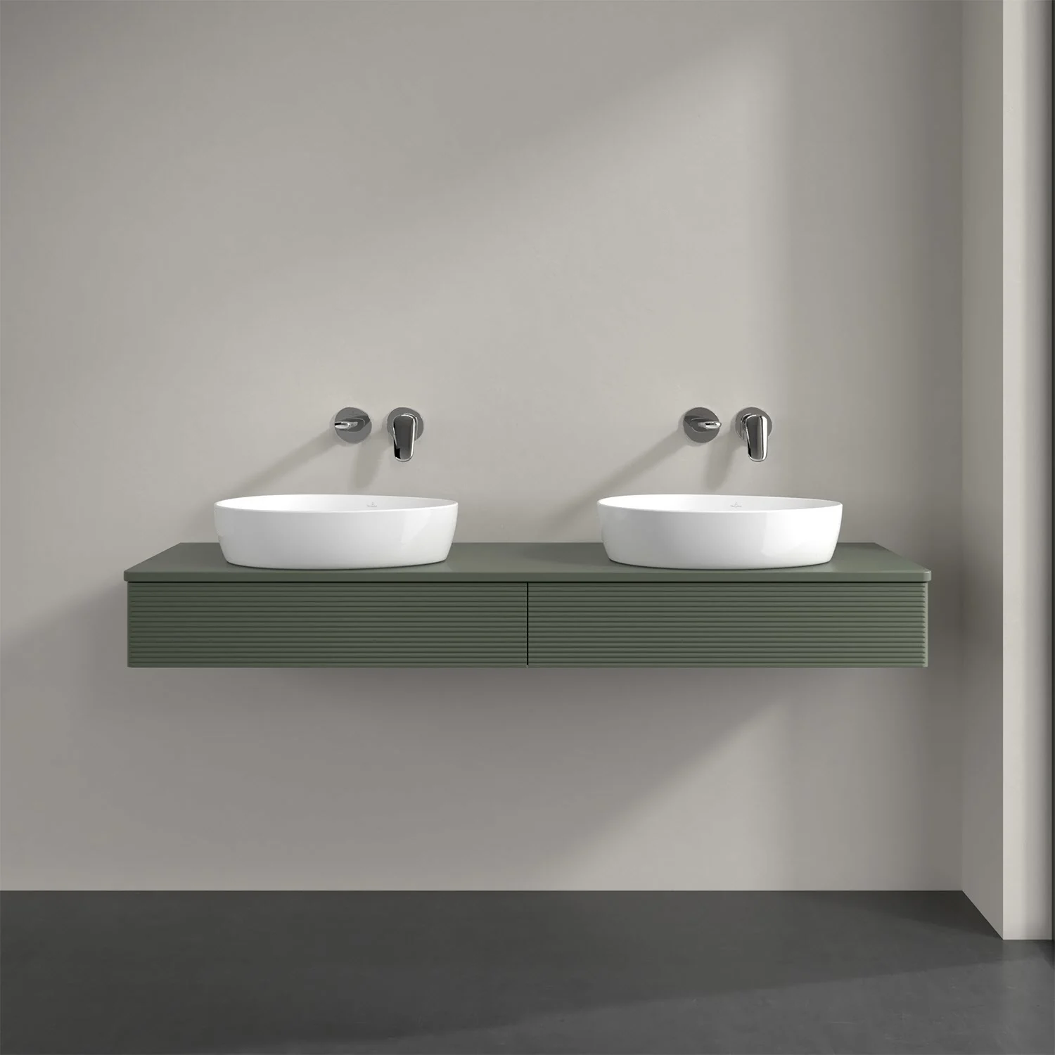 Podwójna umywalka z zieloną szafką w łazience, Villeroy & Boch