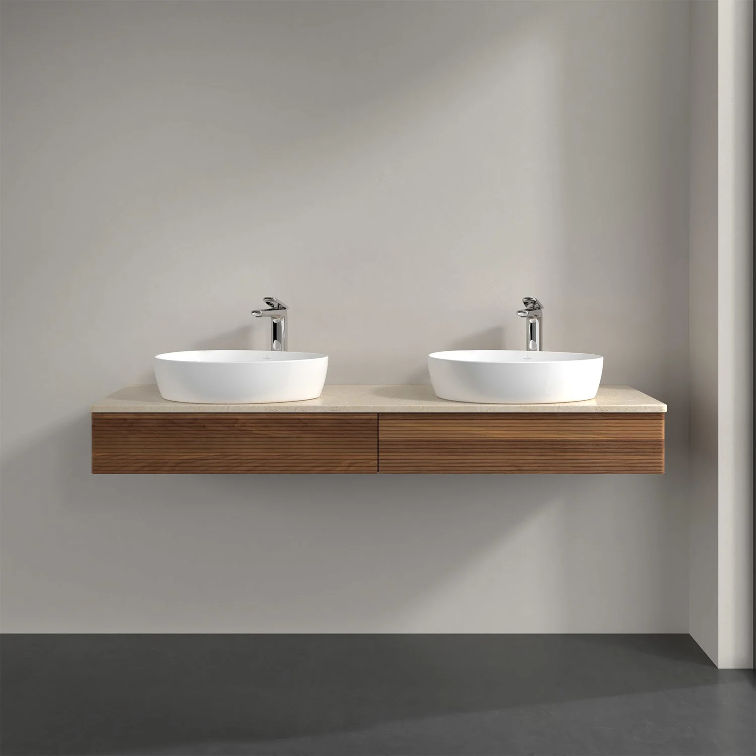 Podwójna umywalka z brązową szafką w łazience, Villeroy & Boch
